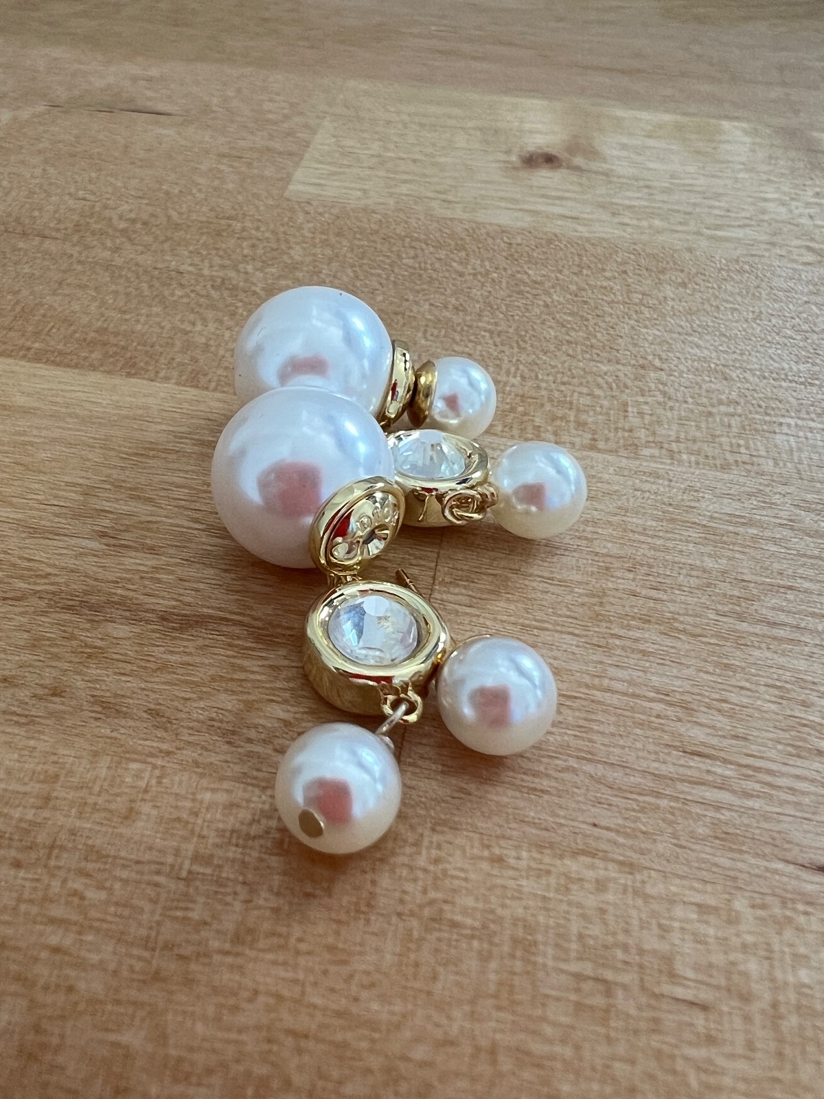 Vintage CHRISTIAN DIOR Gold Tone Crystal Faux Pearl Dangle Pieced Earrings