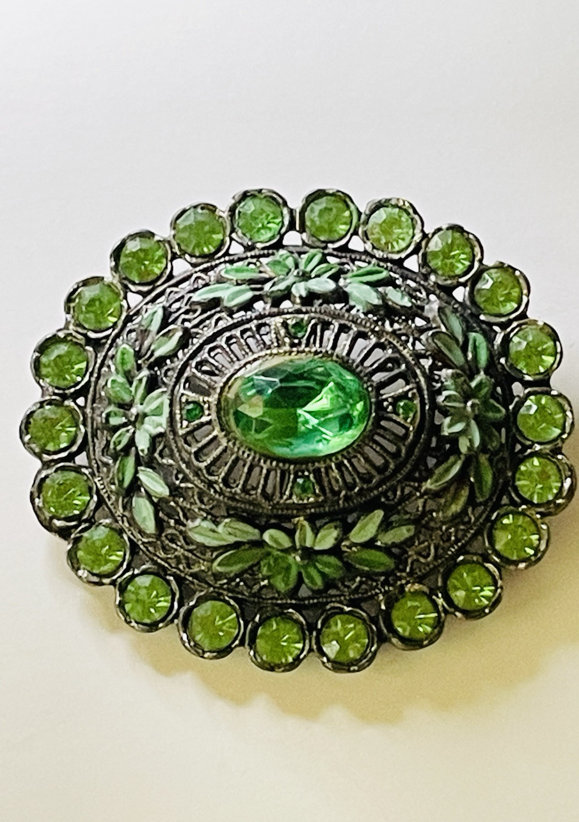 Vintage Estate Brooch Signed L/N Little Nemo Green Rhinestones Repousse Enamel