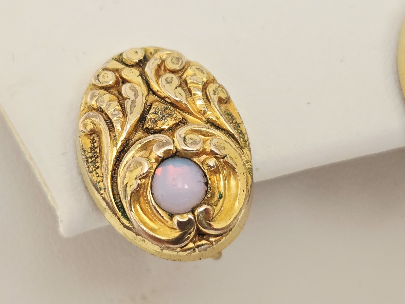 Antique Art Nouveau Repousse Gold Filled Opaline Glass? Screwback Earrings