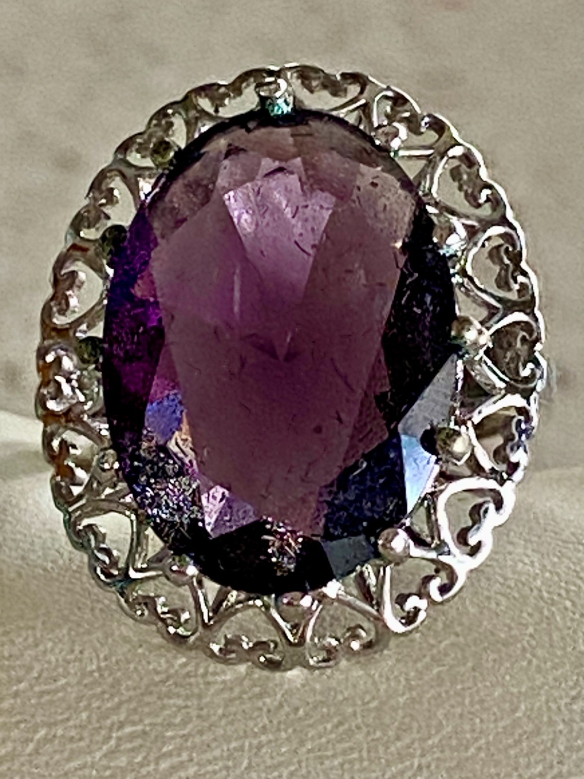 Vibrant Purple Statement Cocktail Ring Ornate Vintage Style Oval Faceted Size 6