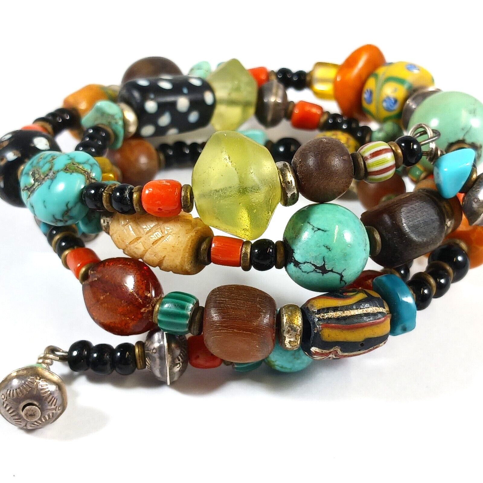 Southwest Bracelet Earrings Sterling Turquoise Amber Trade Beads Coral Vaseline