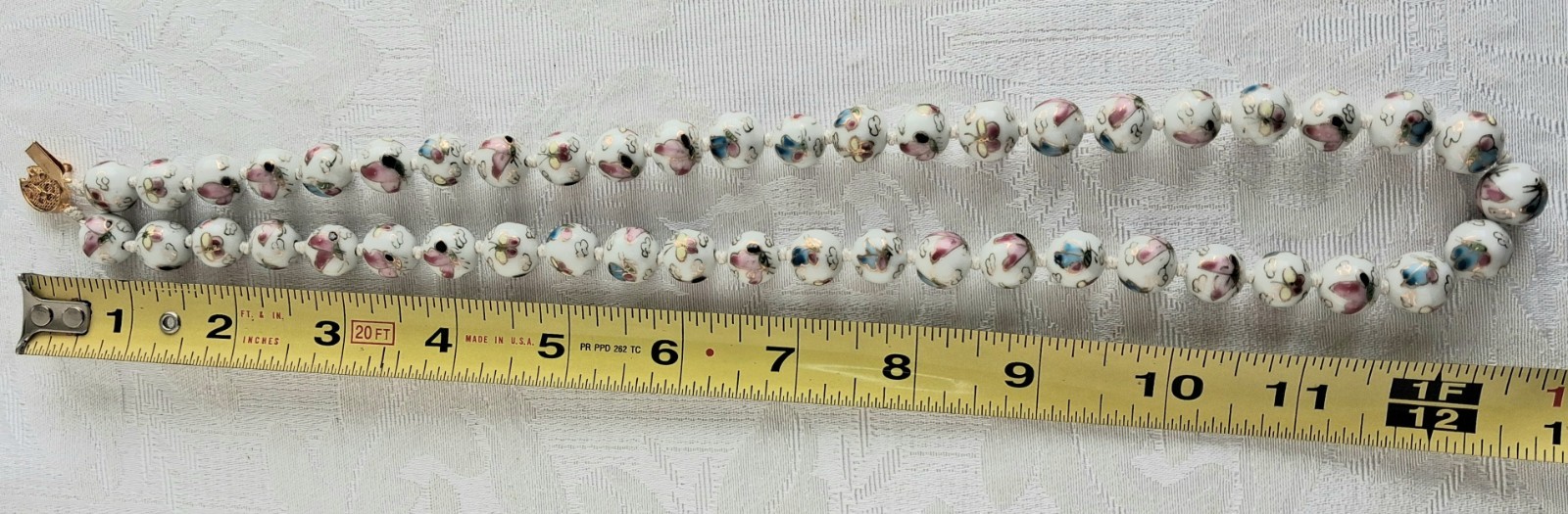 Vtg Cloisonne enamel Knotted butterfly design Gold Beads Wedding Necklace 24 in