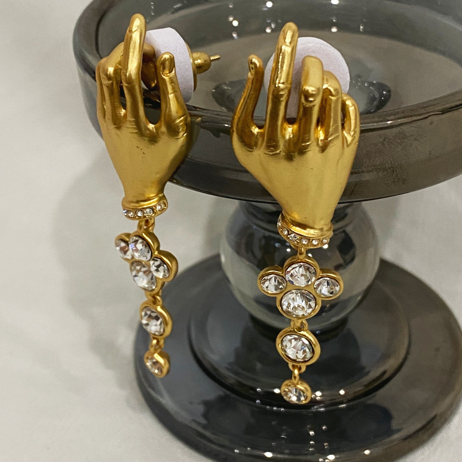 Schiaparelli Gold Hand Crystal Drop Stud Earrings