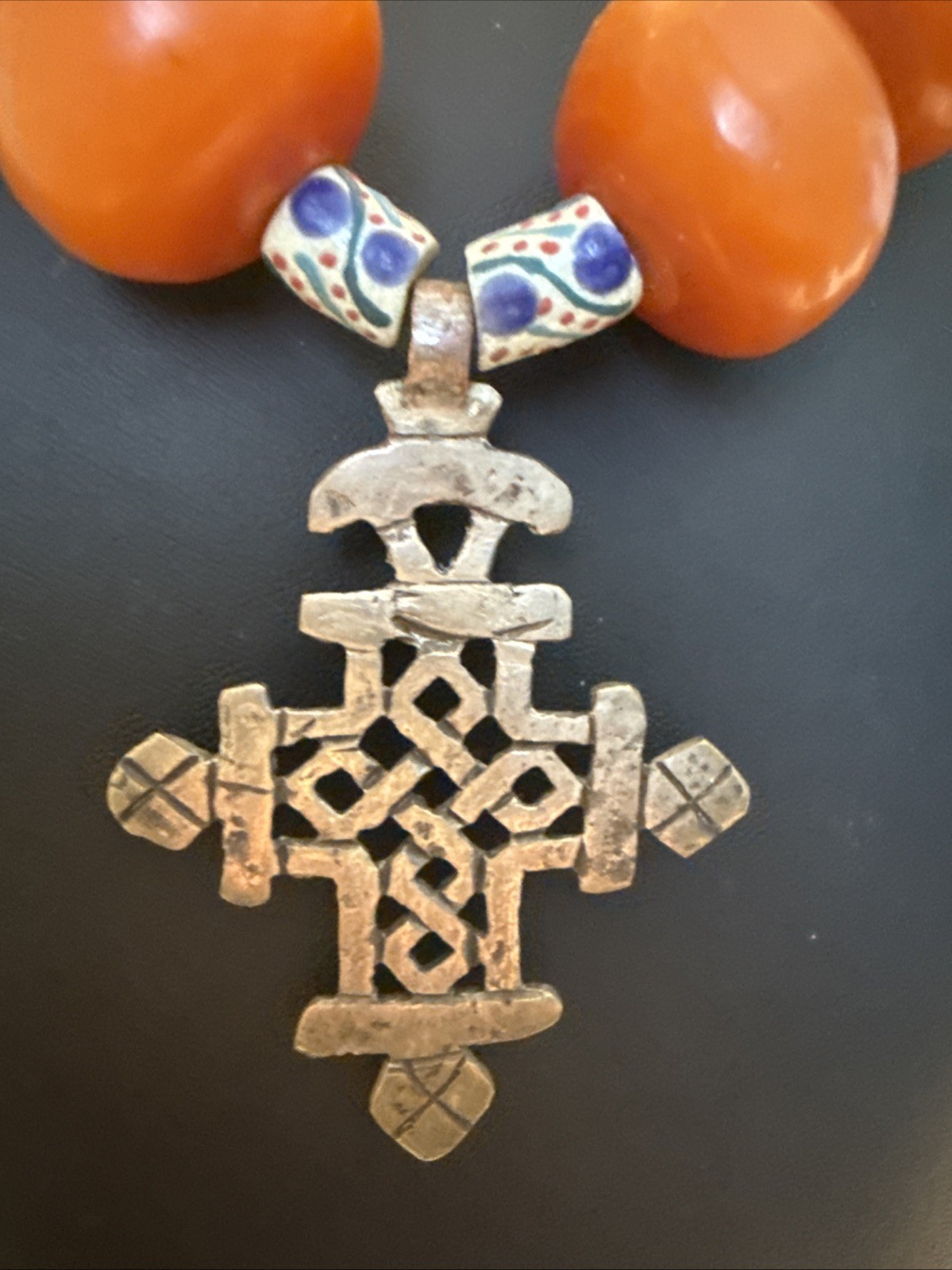 Vintage Coptic Cross Necklace African Amber Trade Beads Tribal Boho