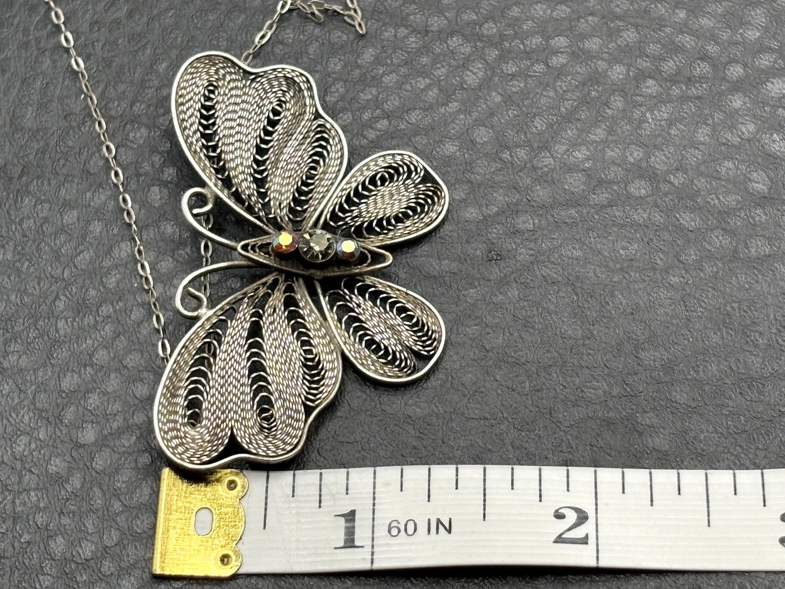 Sterling Silver Filigree Butterfly Pendant Necklace w/ Aurora Borealis