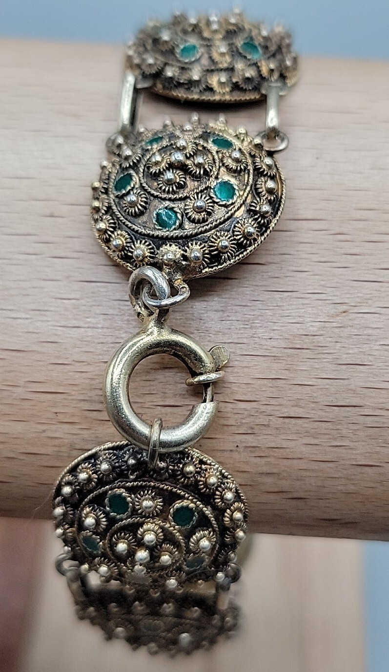 Antique Dutch 833 Silver Filigree Bracelet Green Glass Art Deco S-Hertogenbosch