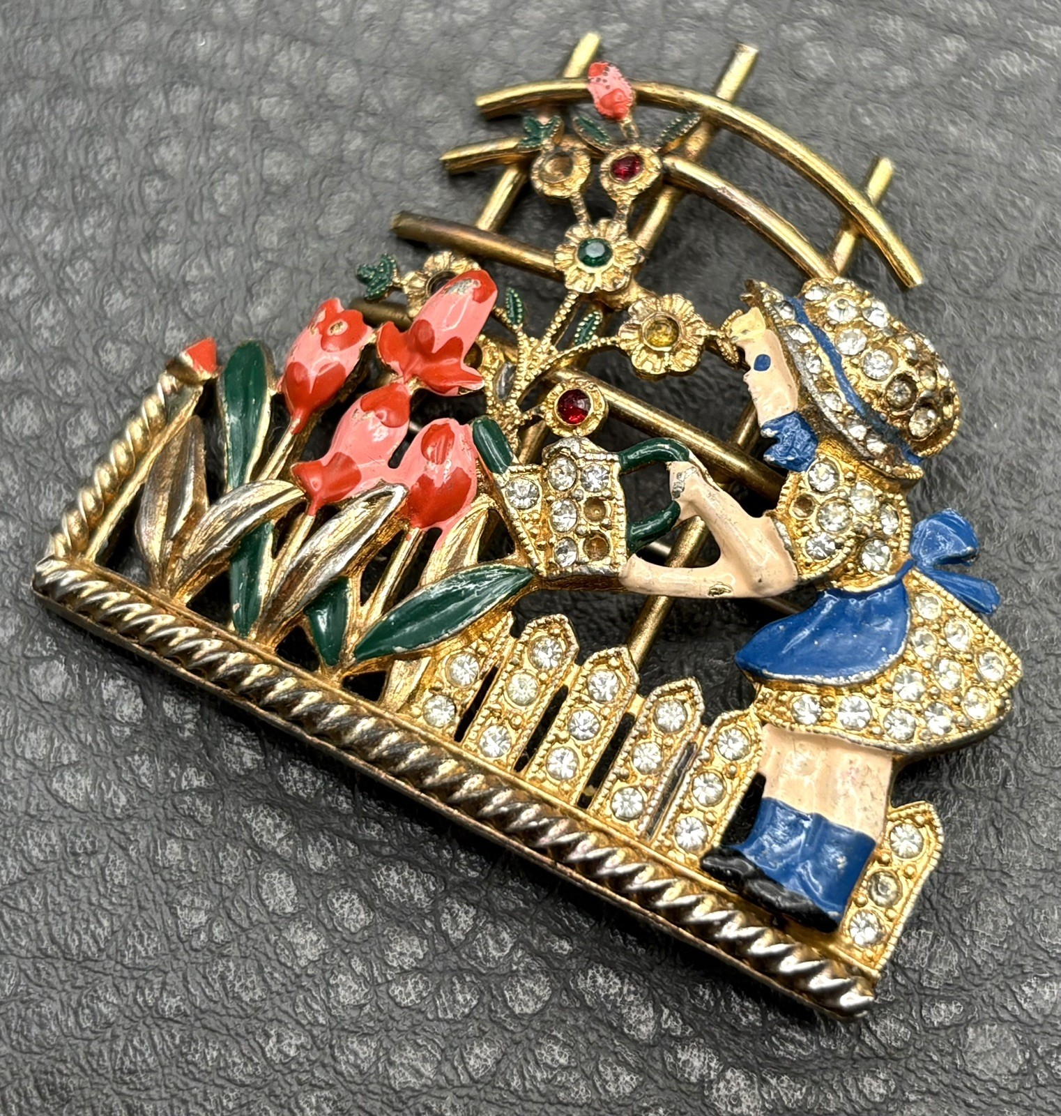 VTG Mistress Mary Enamel Rhinestone Girl Watering Flowers Pot Metal Pin Brooch