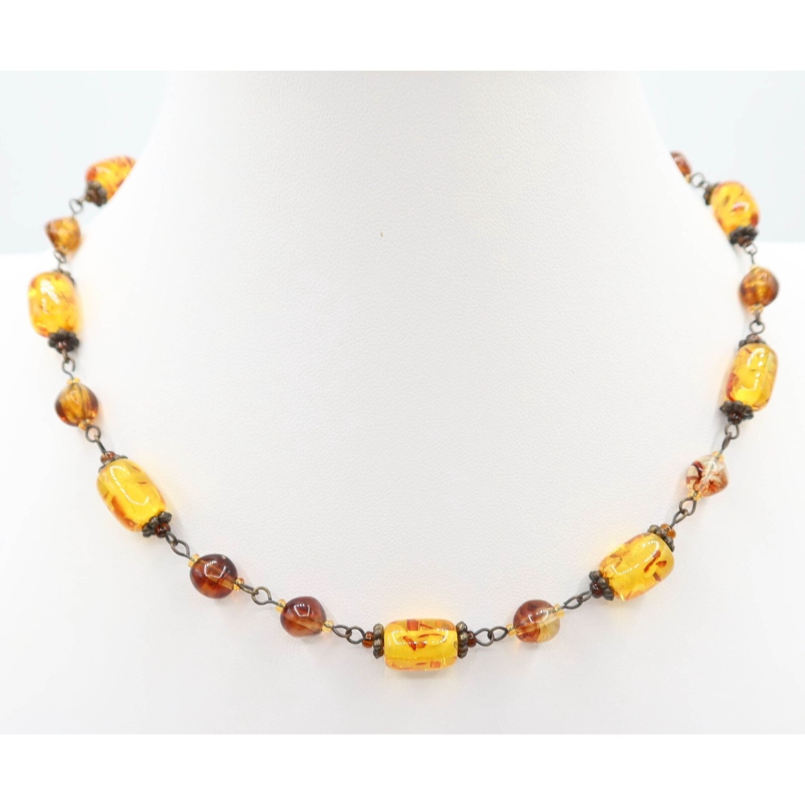 Faux Amber Bead & Antiqued Brass Choker Fashion Necklace 19″ Unsigned