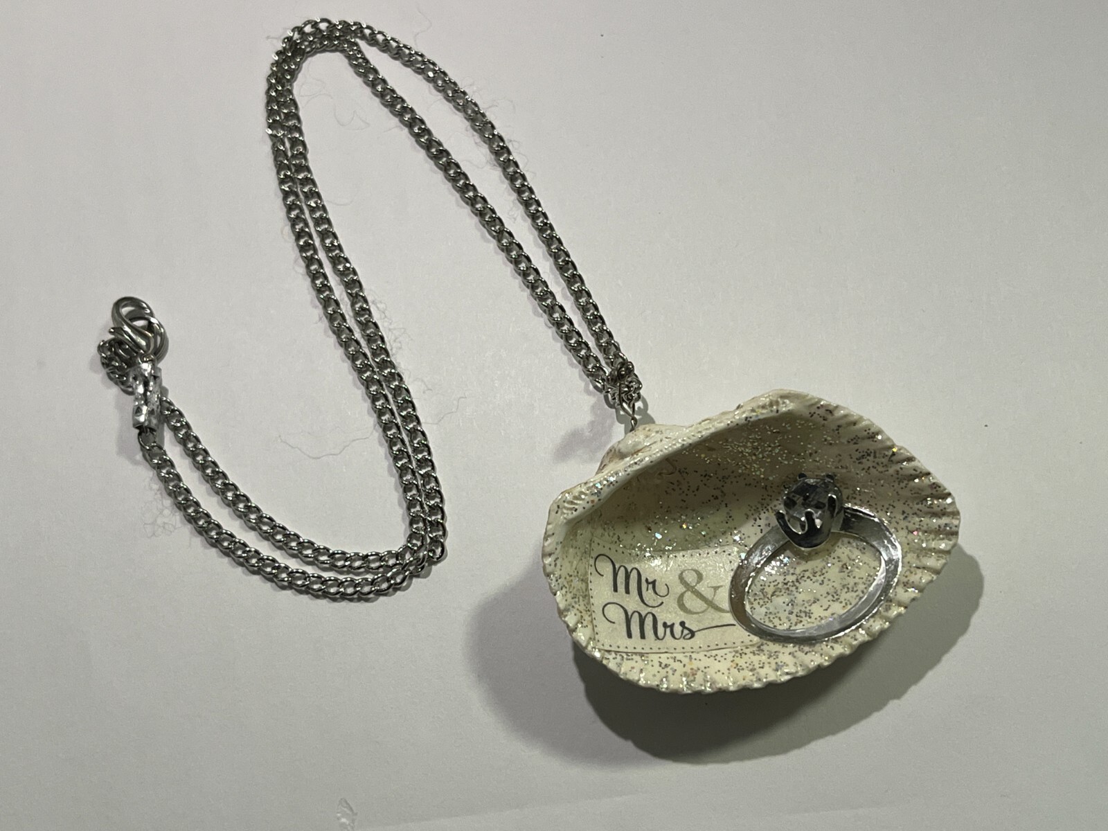 Handmade Art Wedding Seashell Necklace Mr and Mrs approx 20″ chain gift beach