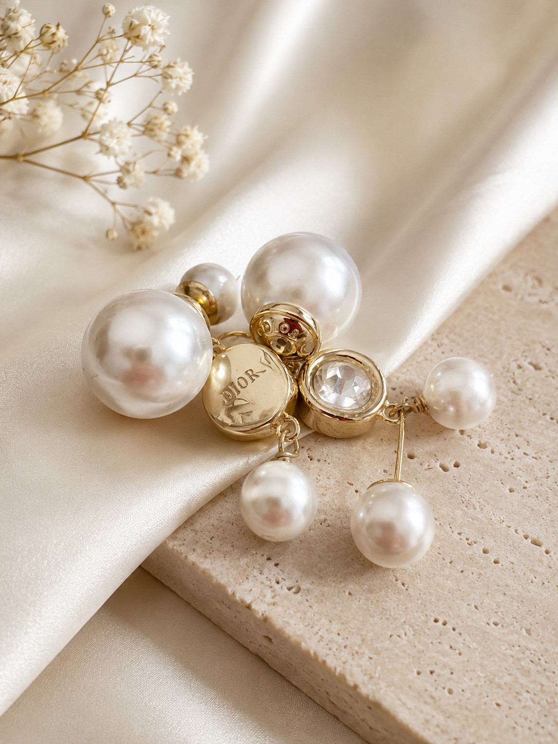 Vintage CHRISTIAN DIOR Gold Tone Crystal Faux Pearl Dangle Pieced Earrings