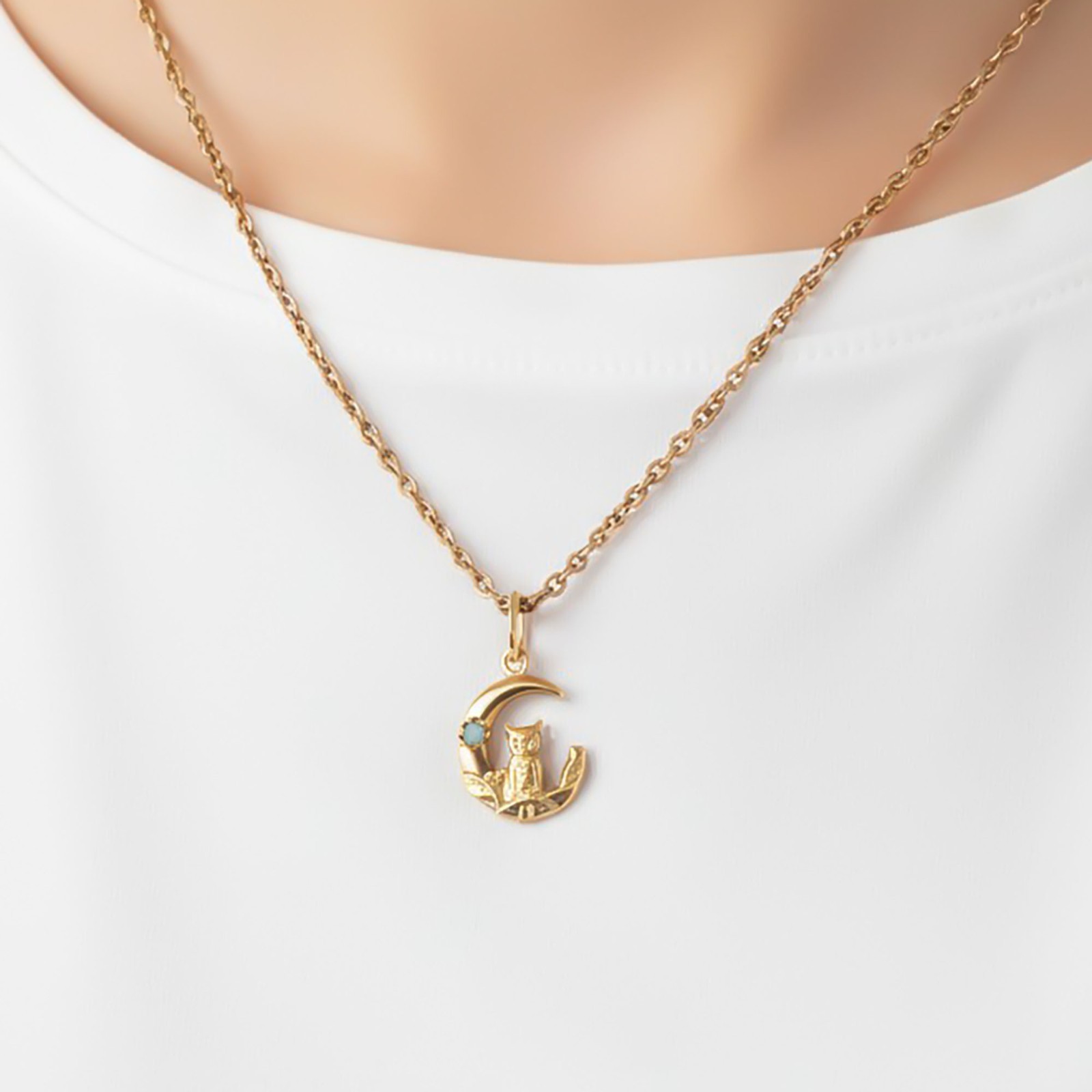 Victorian Owl and Opal Crescent Moon Pendant, Antique Gold Charm