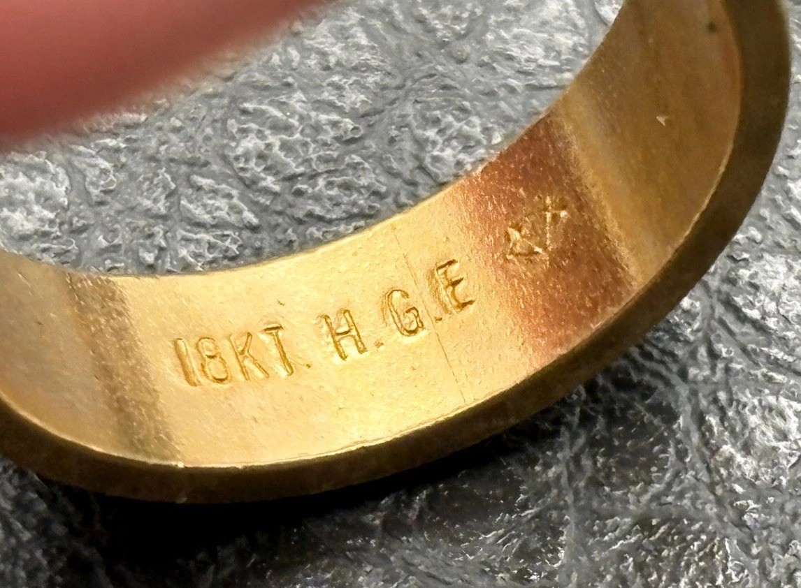 18KT H.G.E. VTG Gold Plated Ring Textured MCM Modernist Pattern 6MM Band Size 7