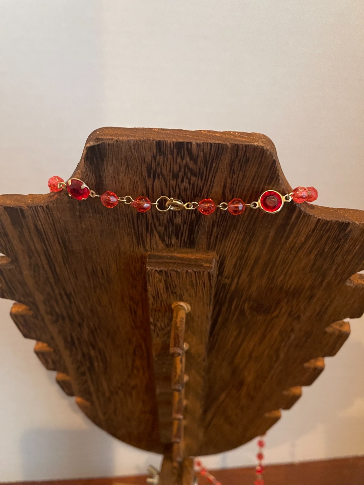 Vintage Long Open Bezel Red Plastic Lucite Necklace Gold Tone Chain