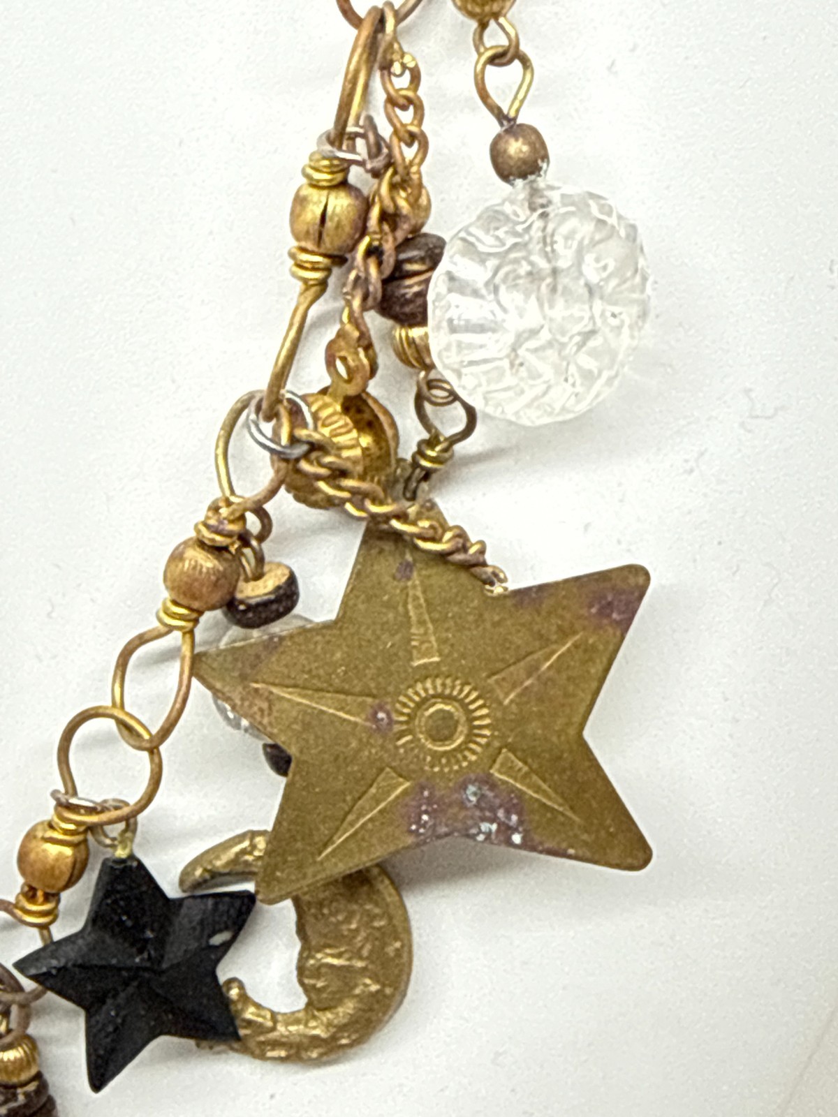 Vtg Brass Star Moon Charms Necklace red blue patriotic Boho 30″ July 4th