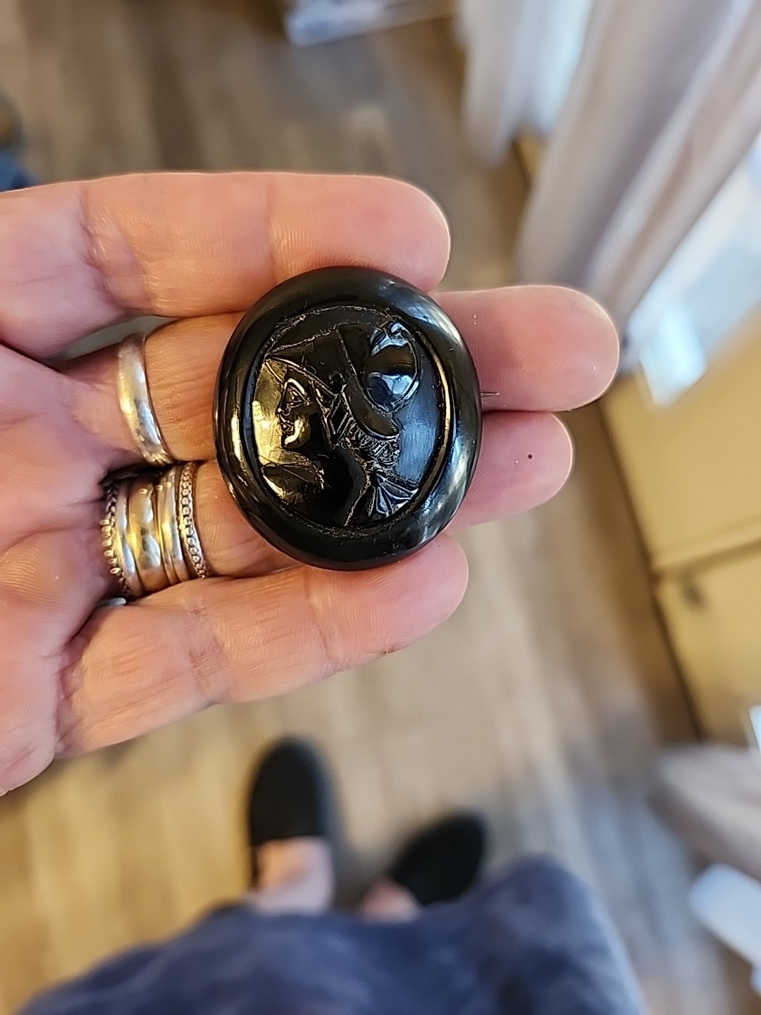 Antique Victorian Black Jet Hand Carved Mourning Cameo Brooch 1800’s