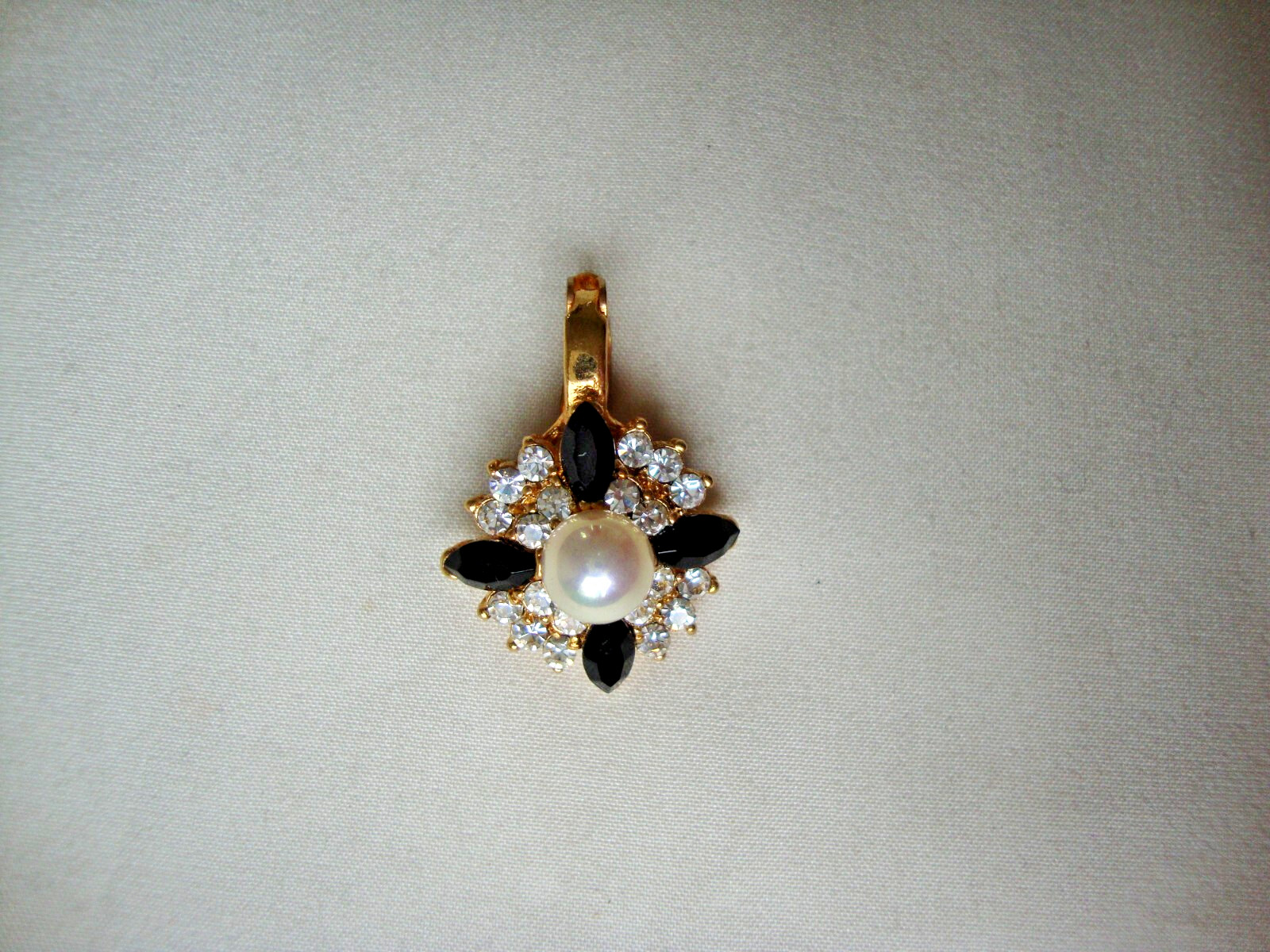Vintage Fashion Jewelry Faux Pearl Black Marquise & Clear Rhinestone Pendant