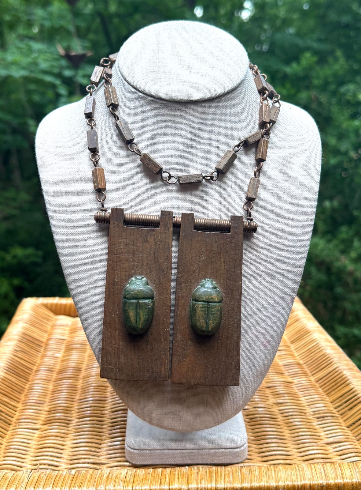 Vtg Handcrafted Wood Carved Scarab Necklace Egyptian Revival One of A Kind