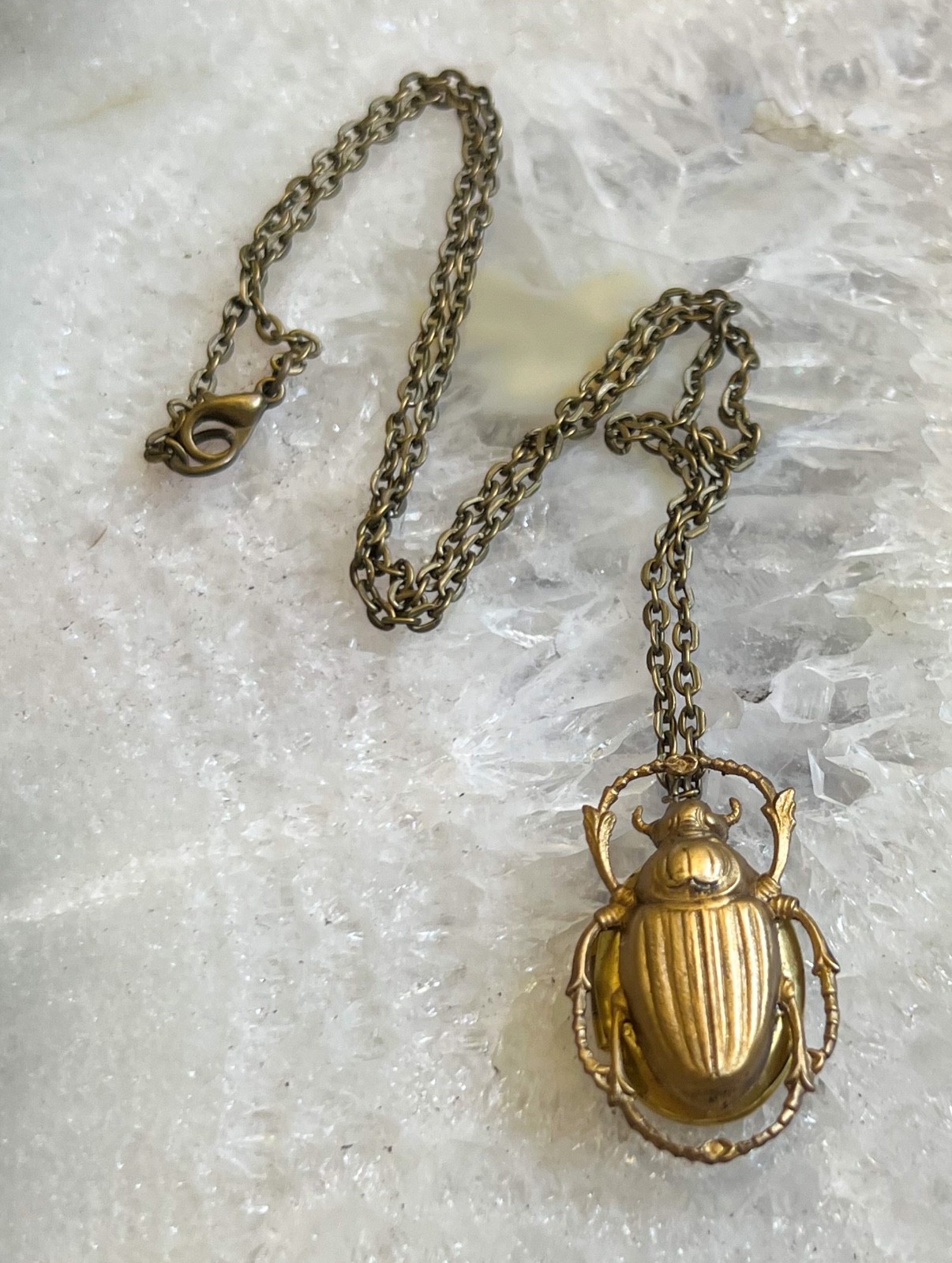 Scarab Necklace W/ Hidden Locket Stashbox Large Brass Egyptian Revival Pendant