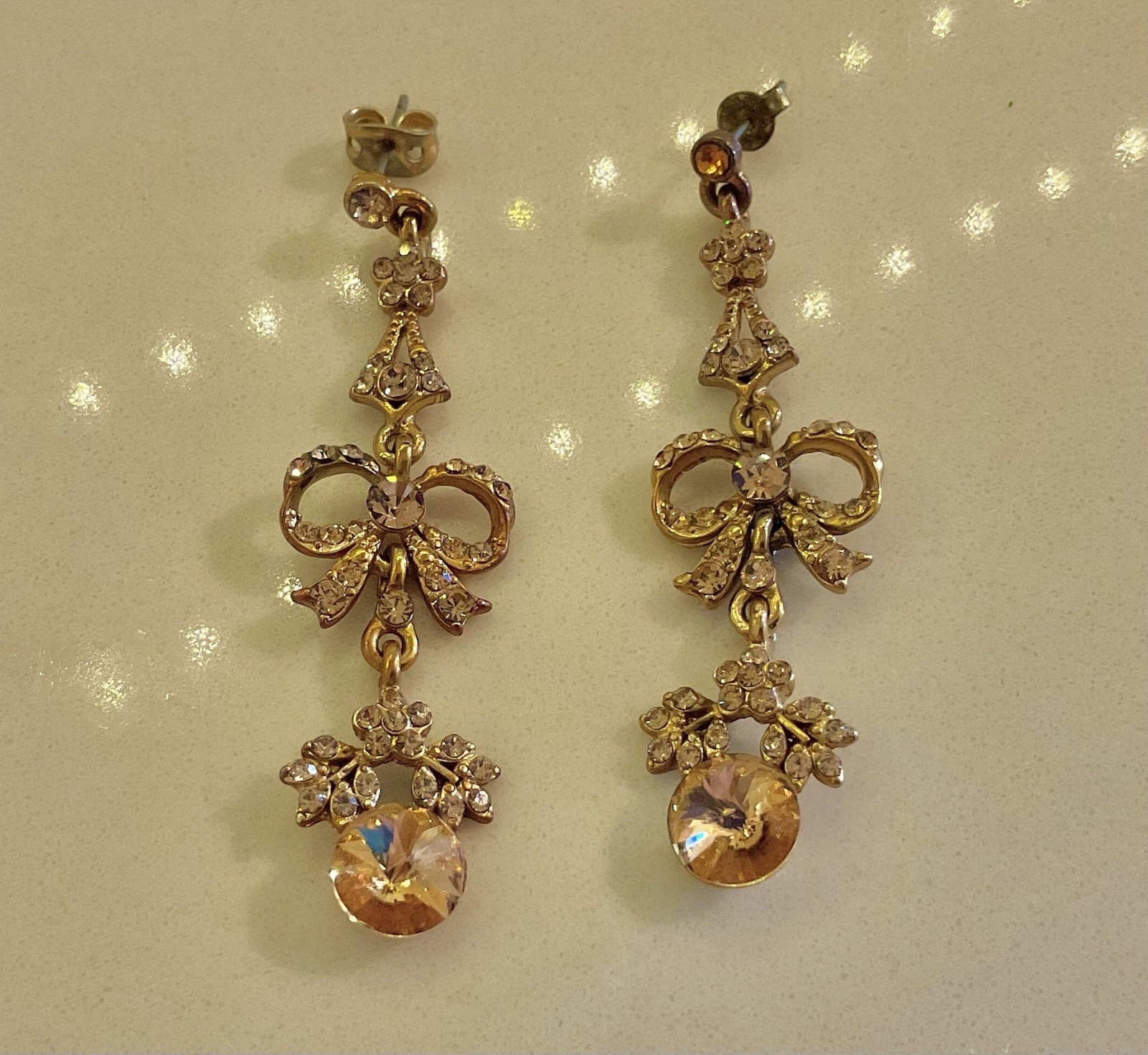 Stunning Vintage Champagne Rhinestones Flowers And Bows Earrings, 2”