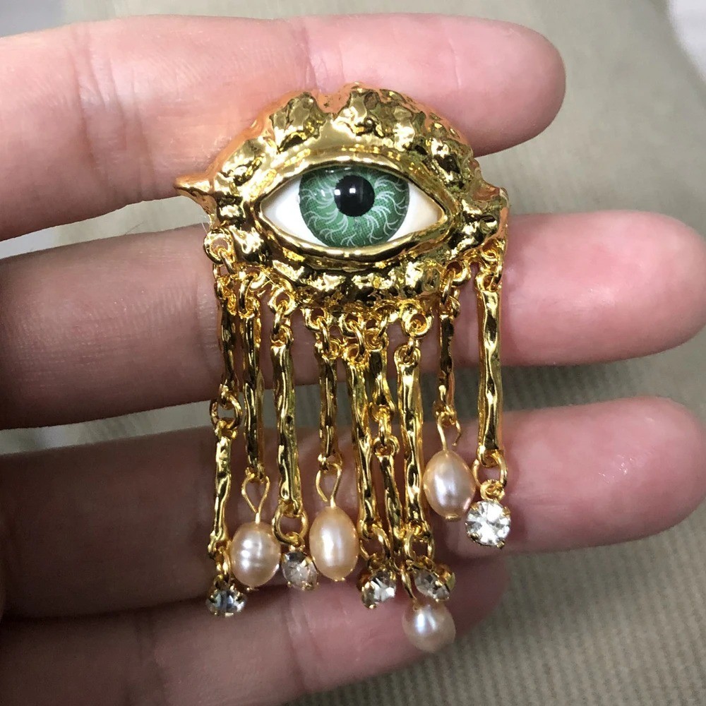 Vintage Evil Eye Brooch Pin Tassel Imitation Pearl Women Fashion Jewelry