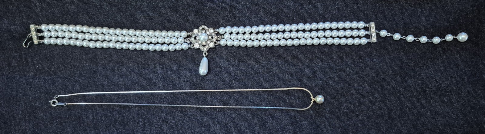 Pearl Costume Jewelry Lot: Single Pearl on Snake Chain, Faux Pearl Choker
