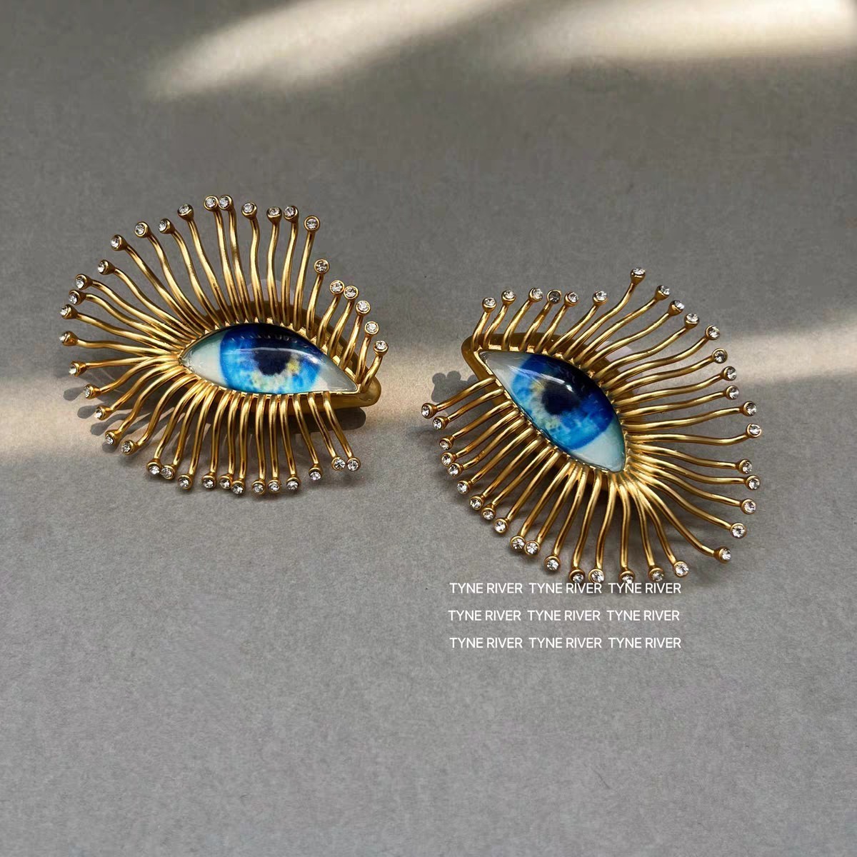 Schiaparelli Blue Eye Shape Luxurious Texture Golden Earrings WITH BOX