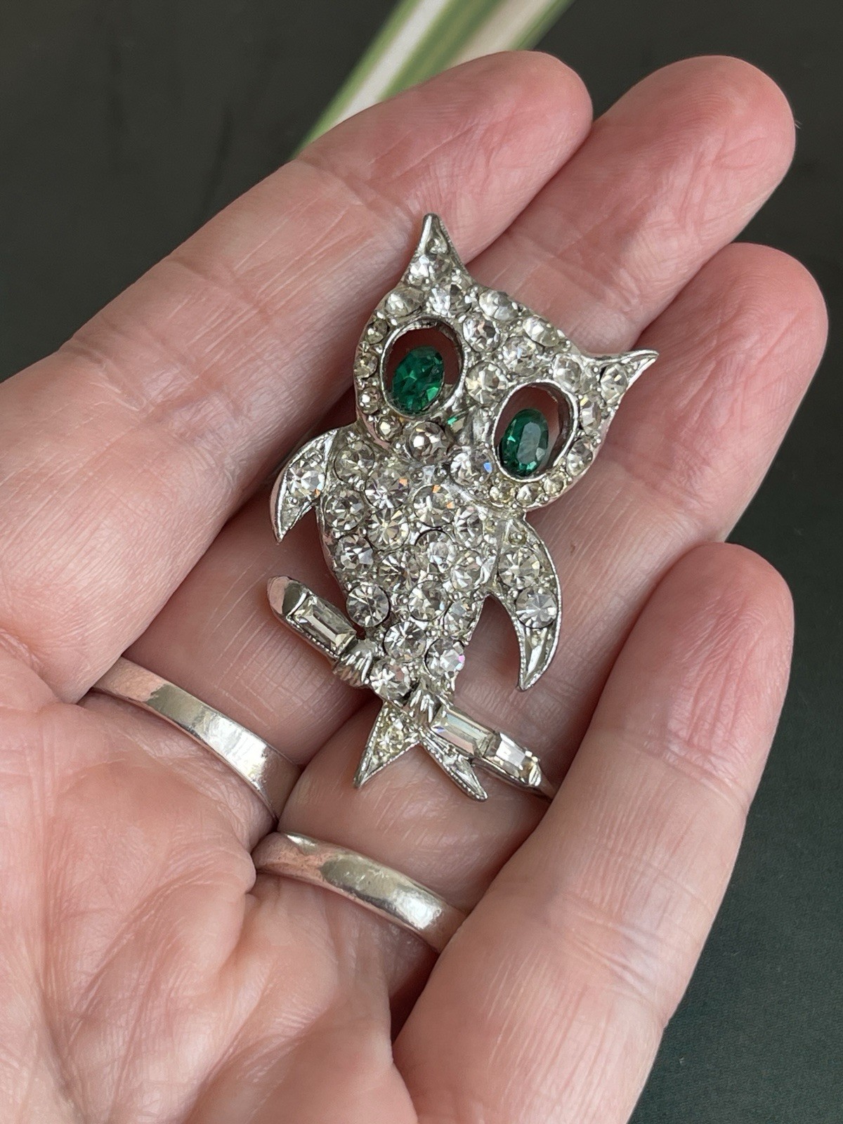 Vintage Signed Pell Rhinestone Owl Brooch Pin Bird