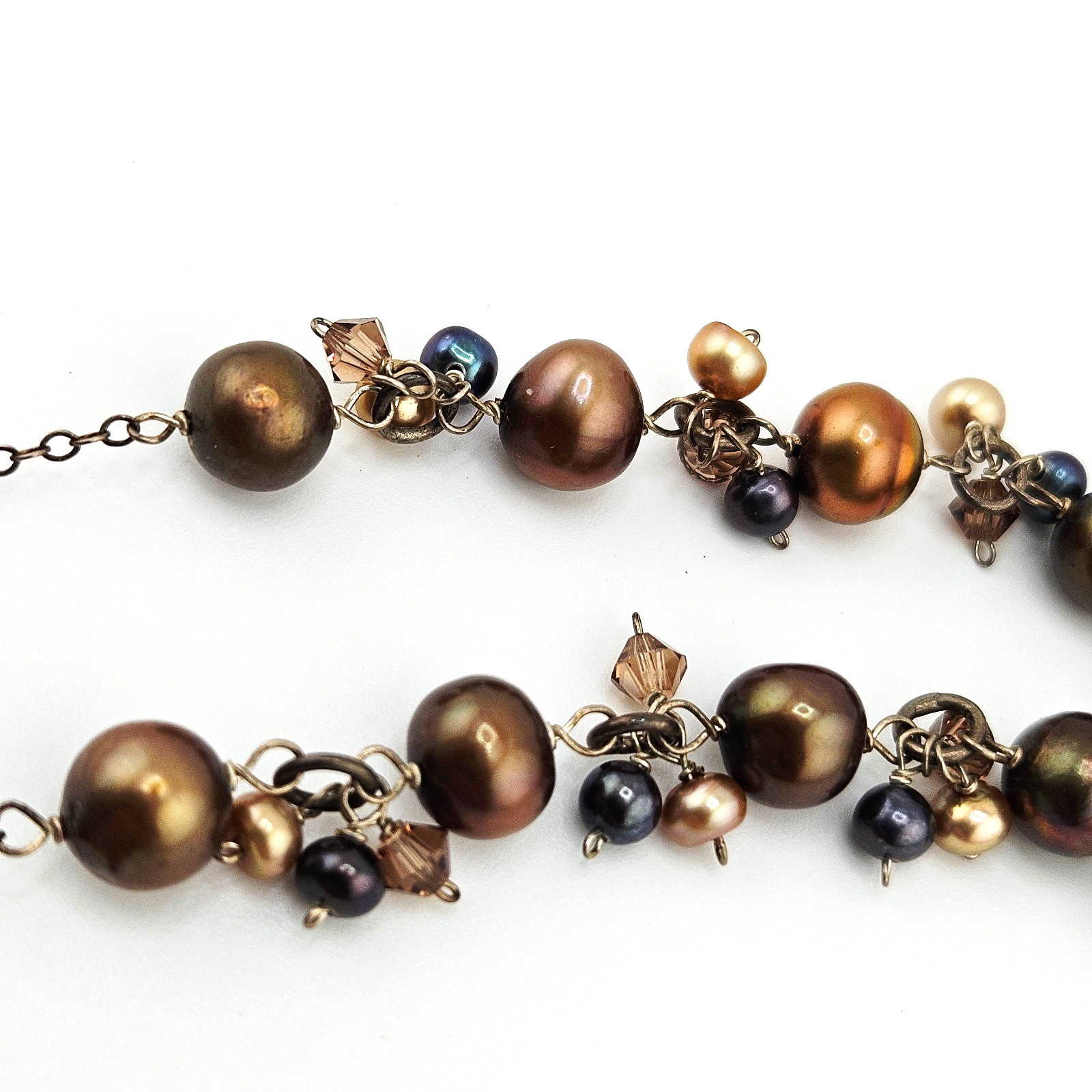 🌸 Vintage Sterling Silver Baroque Pearl Cluster Necklace – Brown/Gold/Black Pea