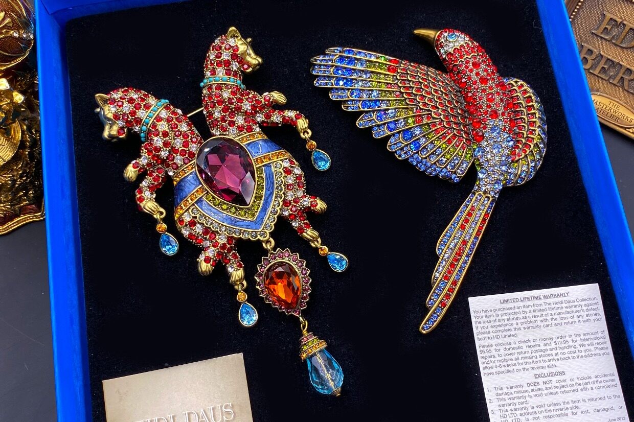 HEI Antique Gold Austrian Crystal Kingfisher Butterfly Love Heart Unicorn Brooch