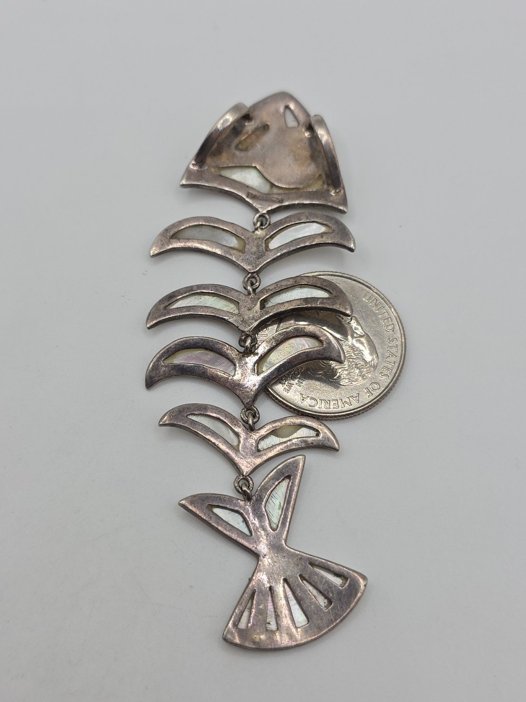 Vintage Sterling Silver 925 MoP Fish Bone Dangle Pendant