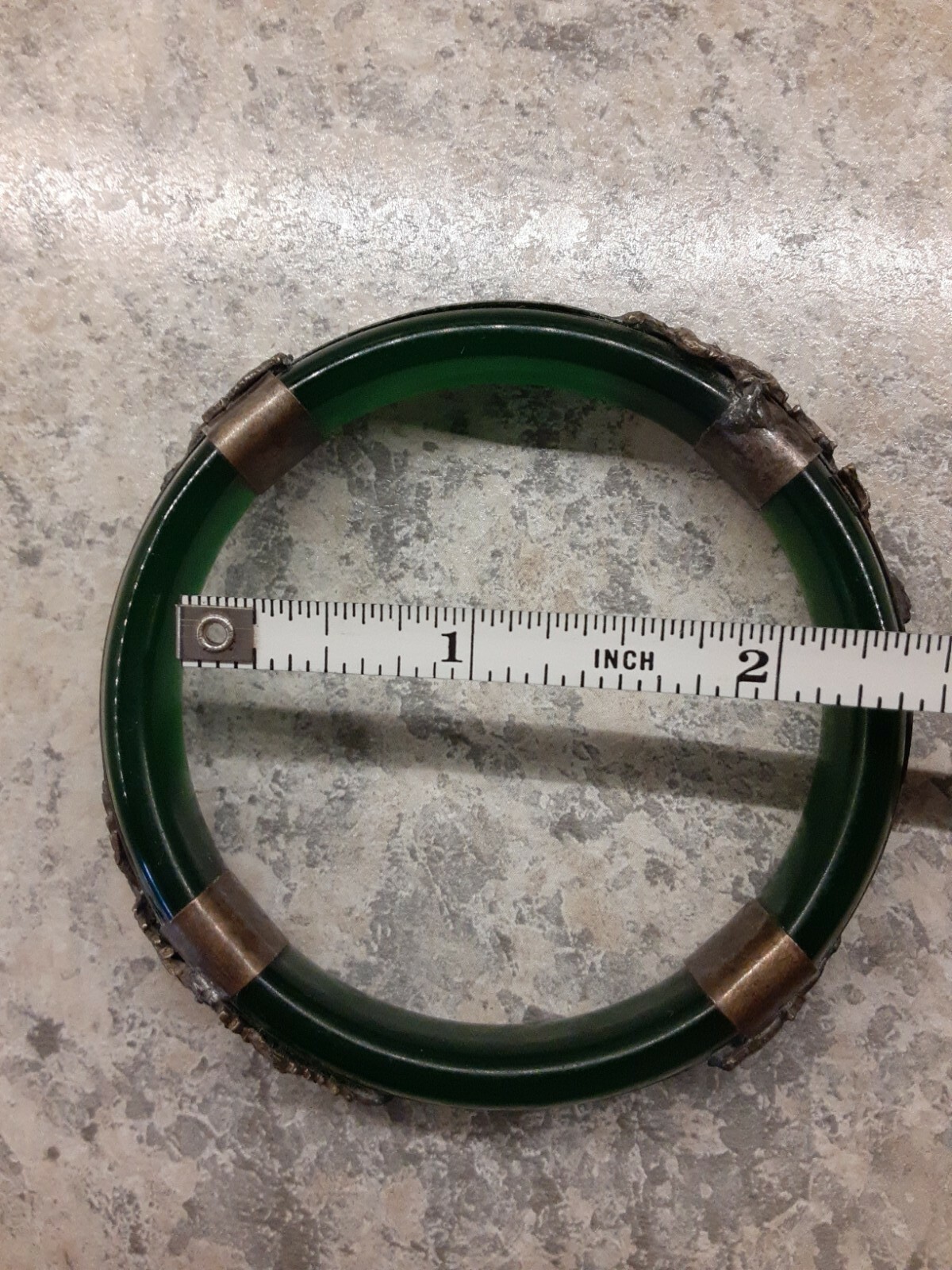 Vintage Green Glass Bangle Bracelet Silvertone Accents-Bearded Dragons Peacock