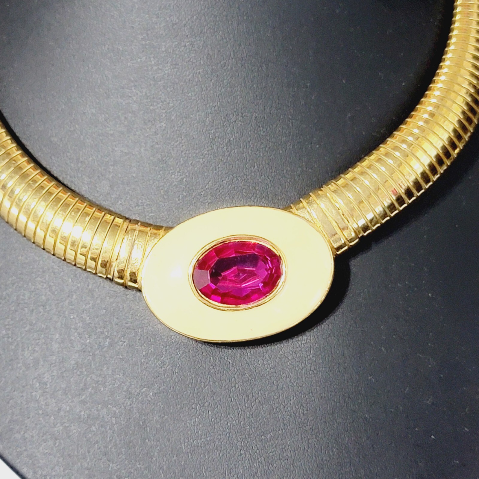 Vintage Yves Saint Laurent YSL Pink Crystal Tubogas Cream Enamel Collar Necklace