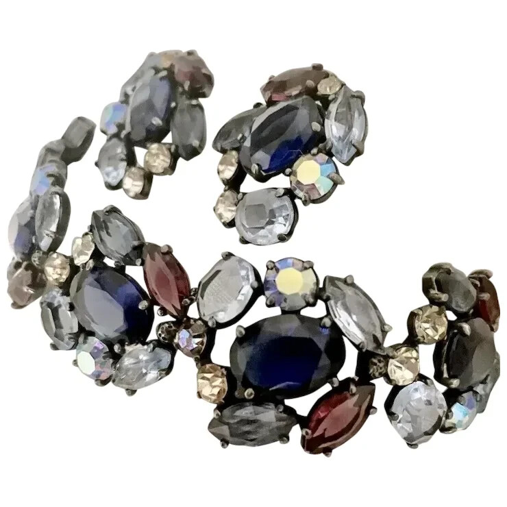 SCHIAPARELLI Sapphire Amethyst Aurora Borealis Crystals Bracelet & Clip Earrings