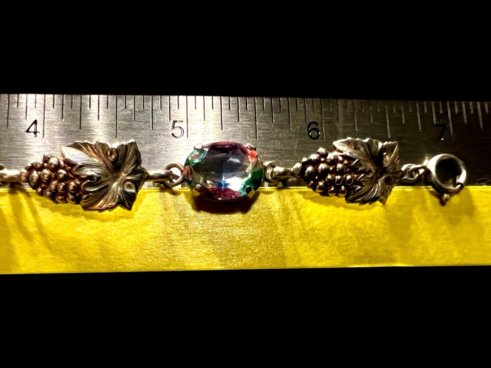 Vintage 835 Silver Rheinkiesel Iris Glass Bracelet Grape Leaf Rainbow Stones