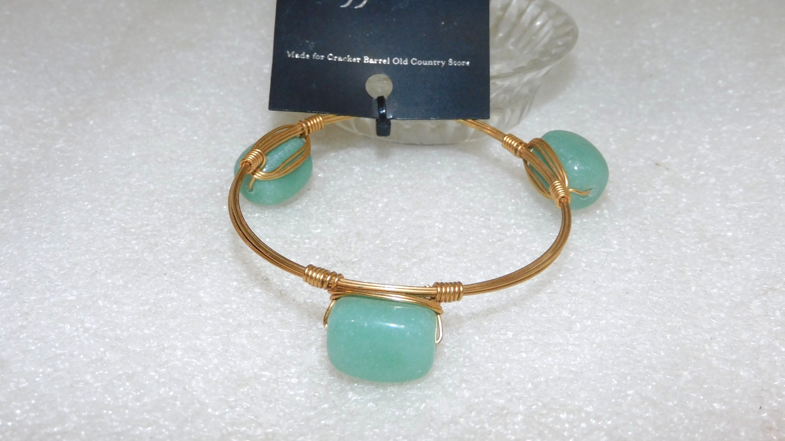 NWT SAPPHIRE 3 CHUNKY GREEN BEAD STONE WIRE WRAP BANGLE BRACELET