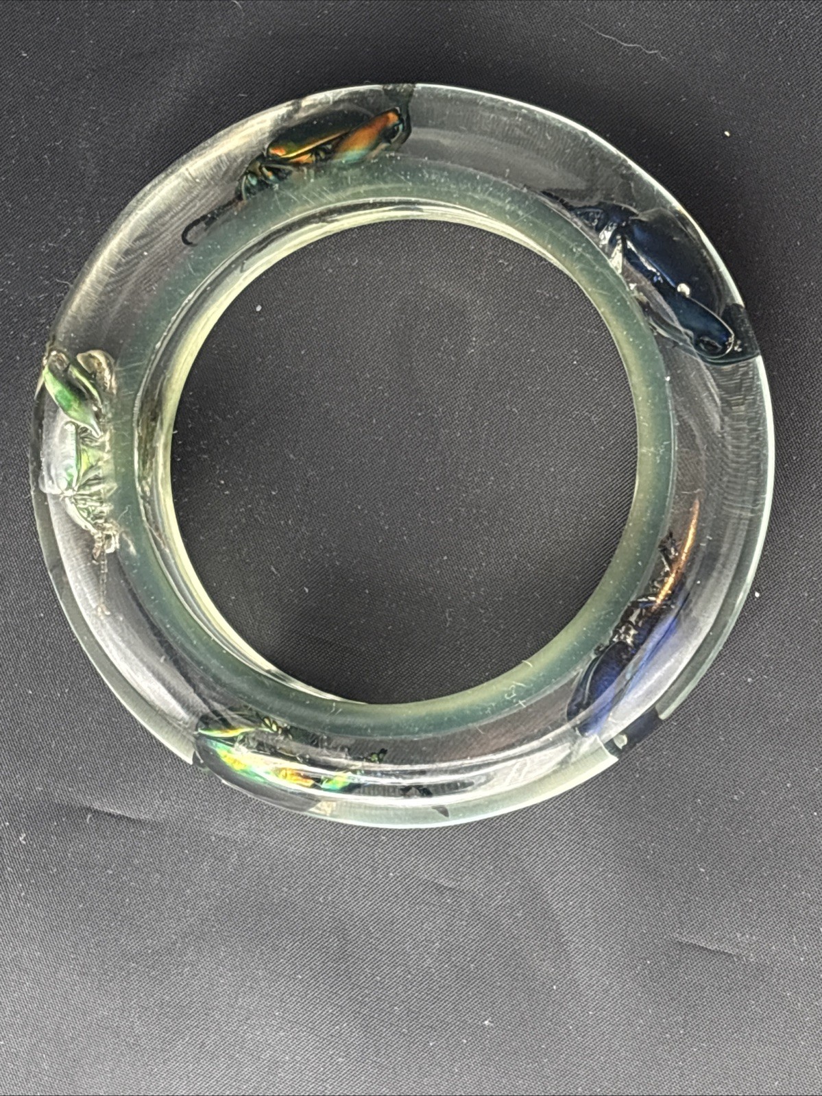Vtg Metallic Frog Legged Beetle Bracelet Translucent Resin, Med 1960s, NOS (#9)