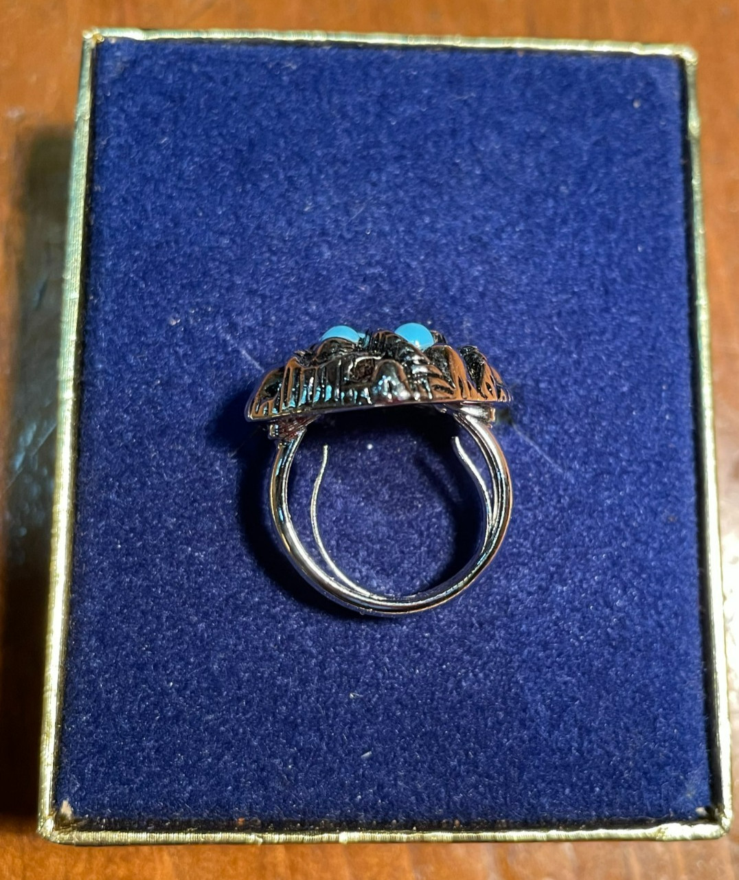 Vintage 1970s Avon Sierra Silver Tone Faux Turquoise Ring Adjustable 1-2