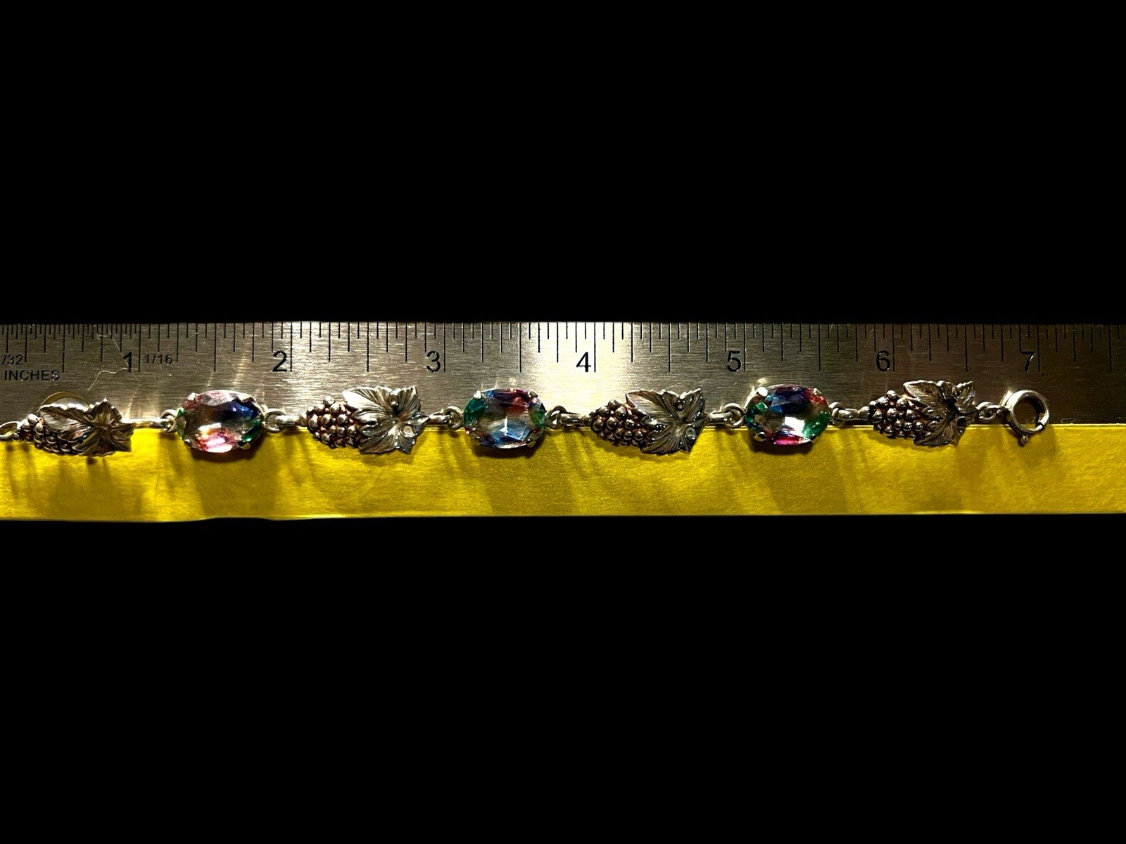 Vintage 835 Silver Rheinkiesel Iris Glass Bracelet Grape Leaf Rainbow Stones