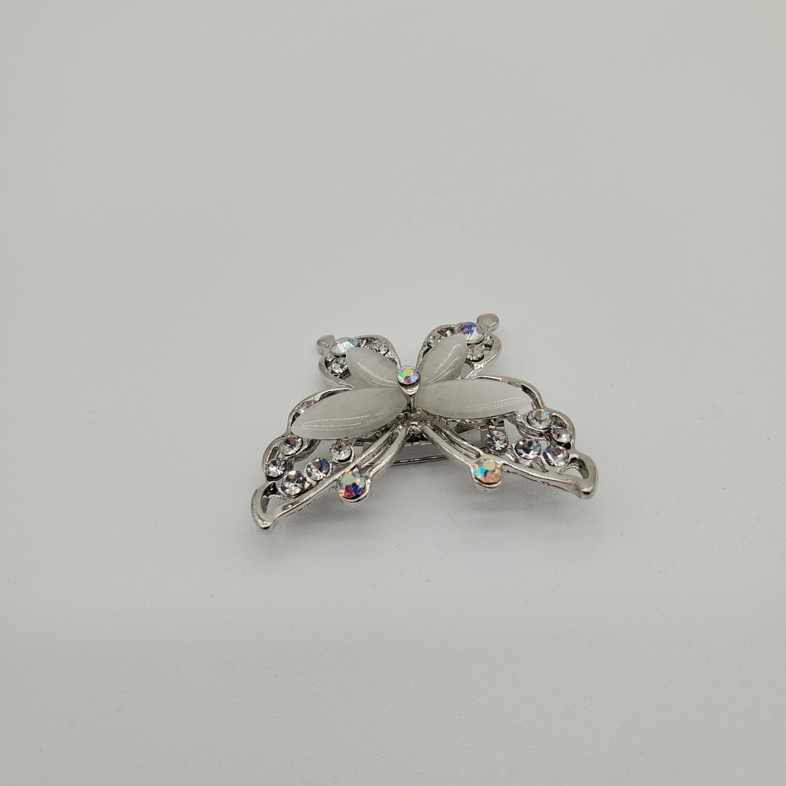 Vintage Small Silver Tone Butterfly Brooch with Clear and AB Rhinestones
