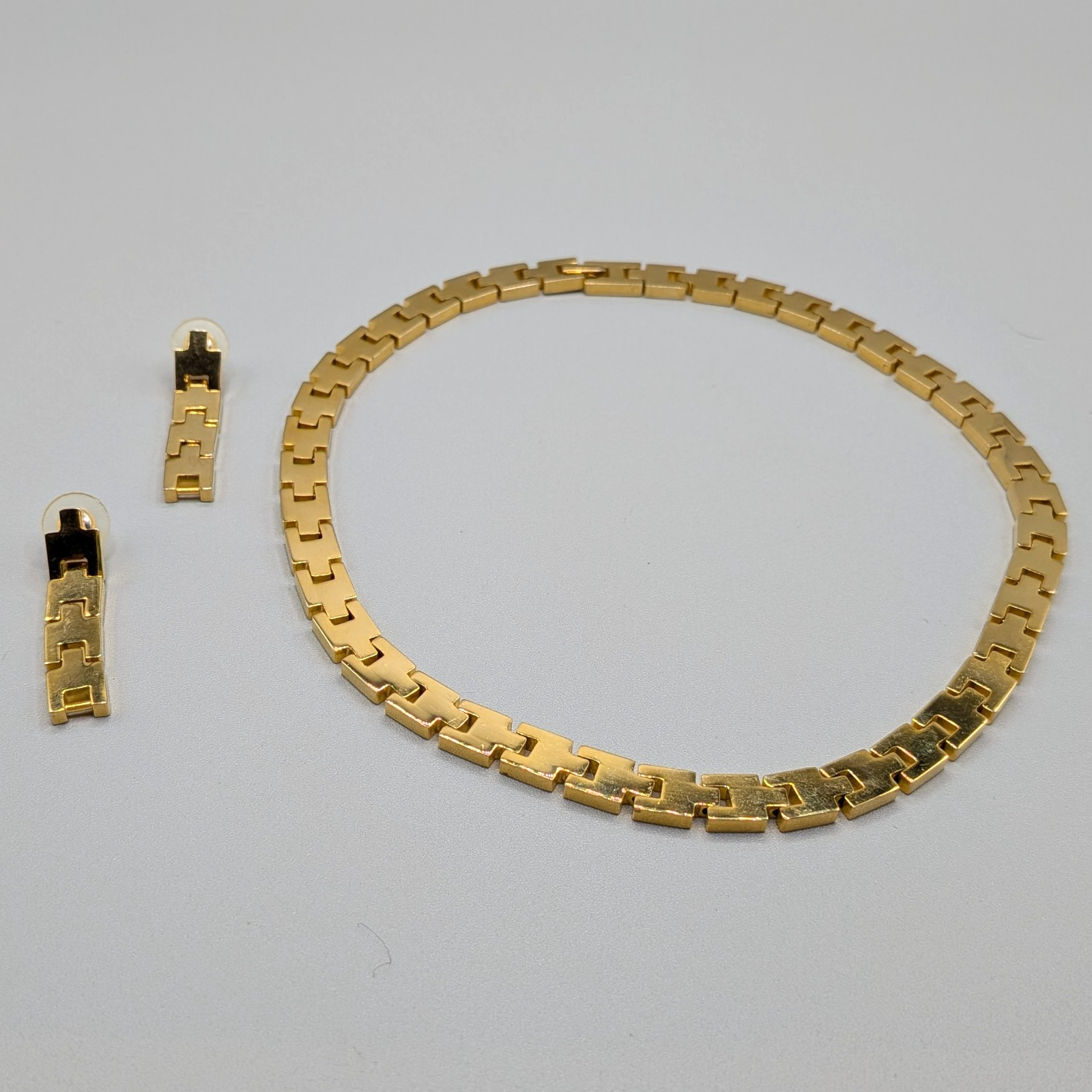 Vtg 80s Chunky Chain H Link Gold Tone Statement Necklace Pierced Earrings Set