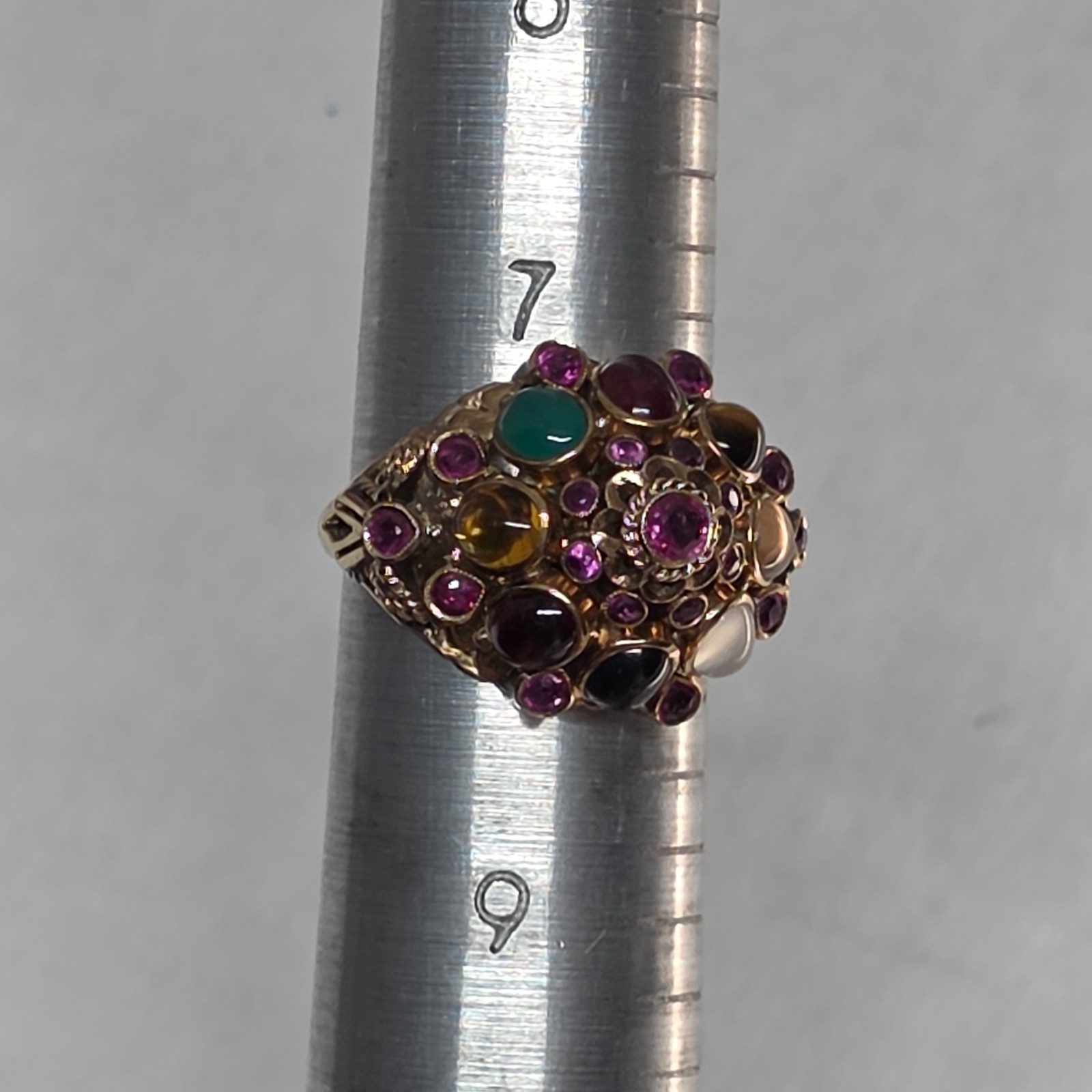 Vintage Thai Princess Harem Ring 18K Gold Multi Gem Cabochon 6.8g Sz 7.75