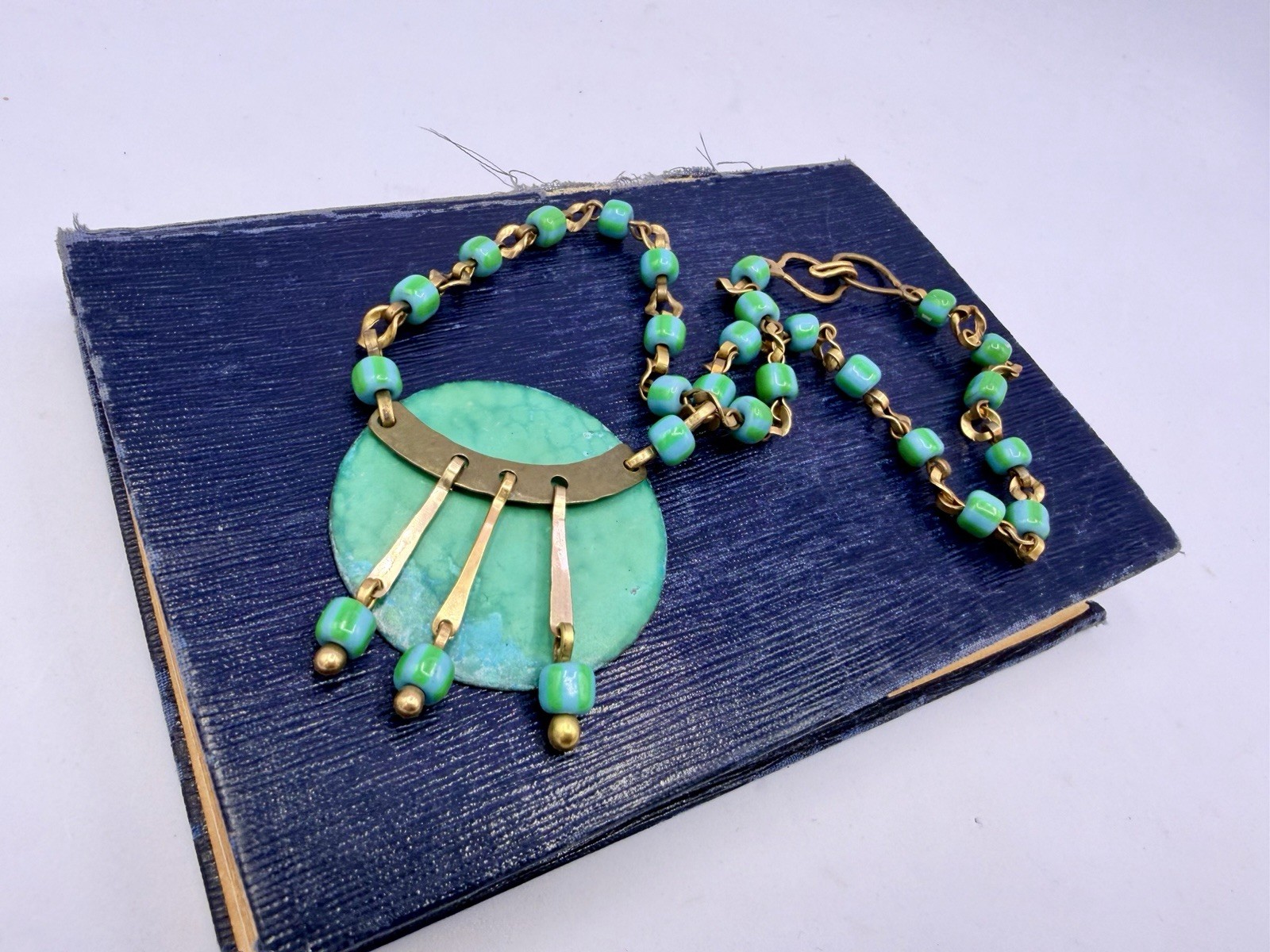 Vintage Oxidized Green OOAK Handmade Chain Statement Collar Necklace 15” DbG Z