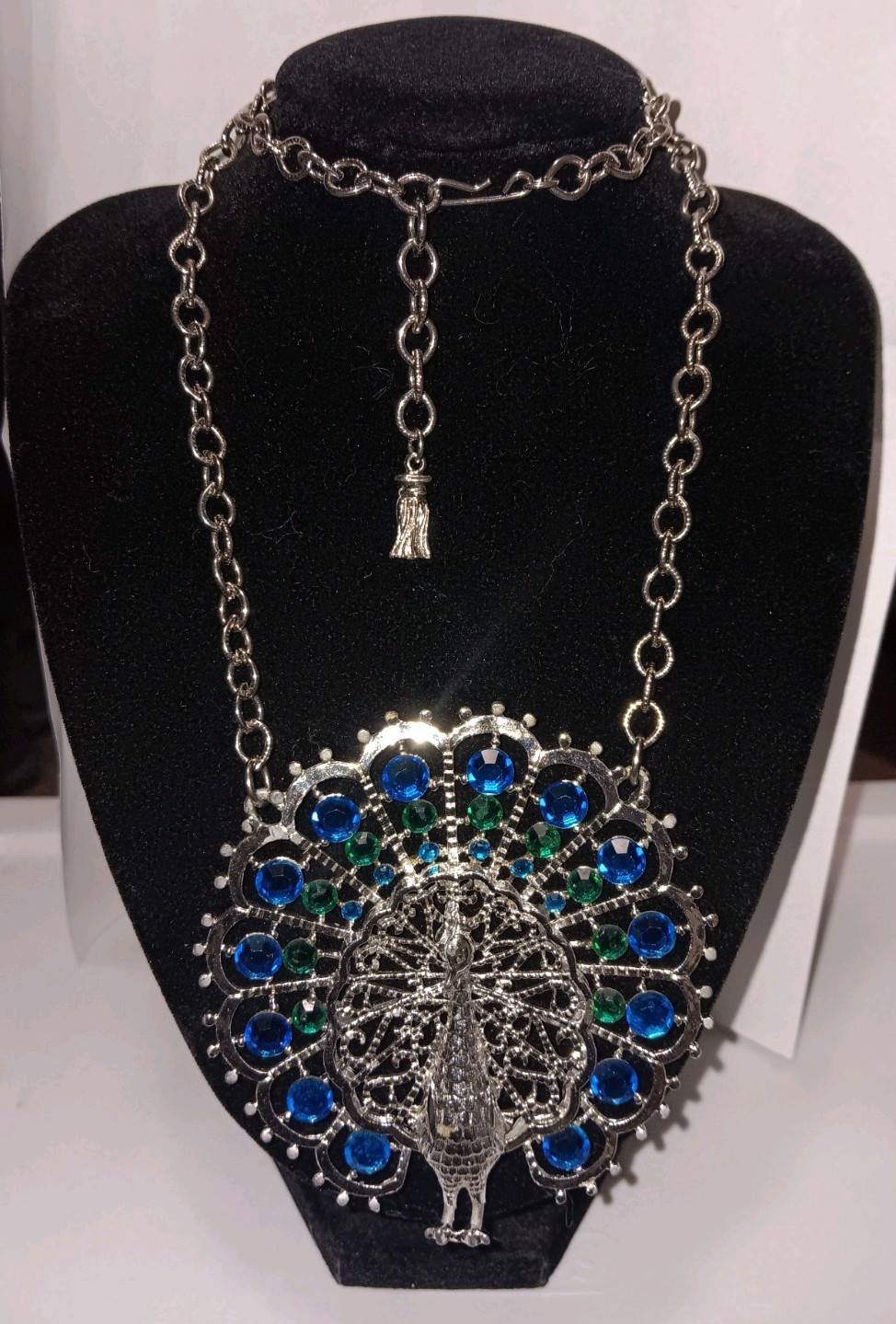 Large Vintage Silver Tone Rhinestone Peacock Necklace