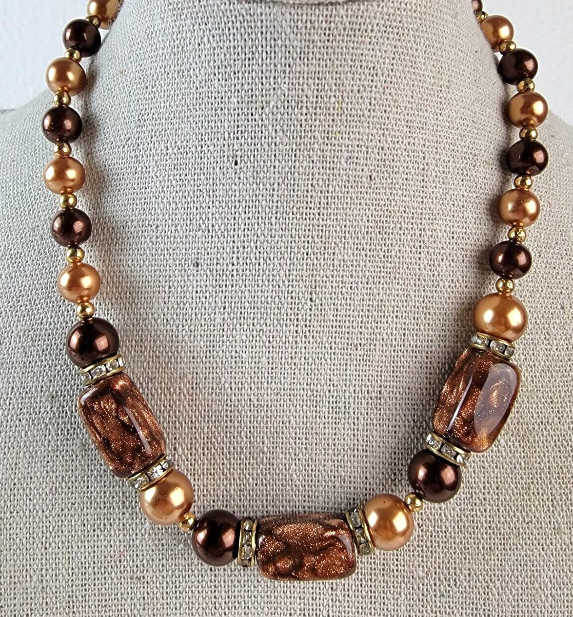 Vtg. Golden Brown Millefiori Glass Faux-Pearls Rhinestones Beaded Necklace 15″