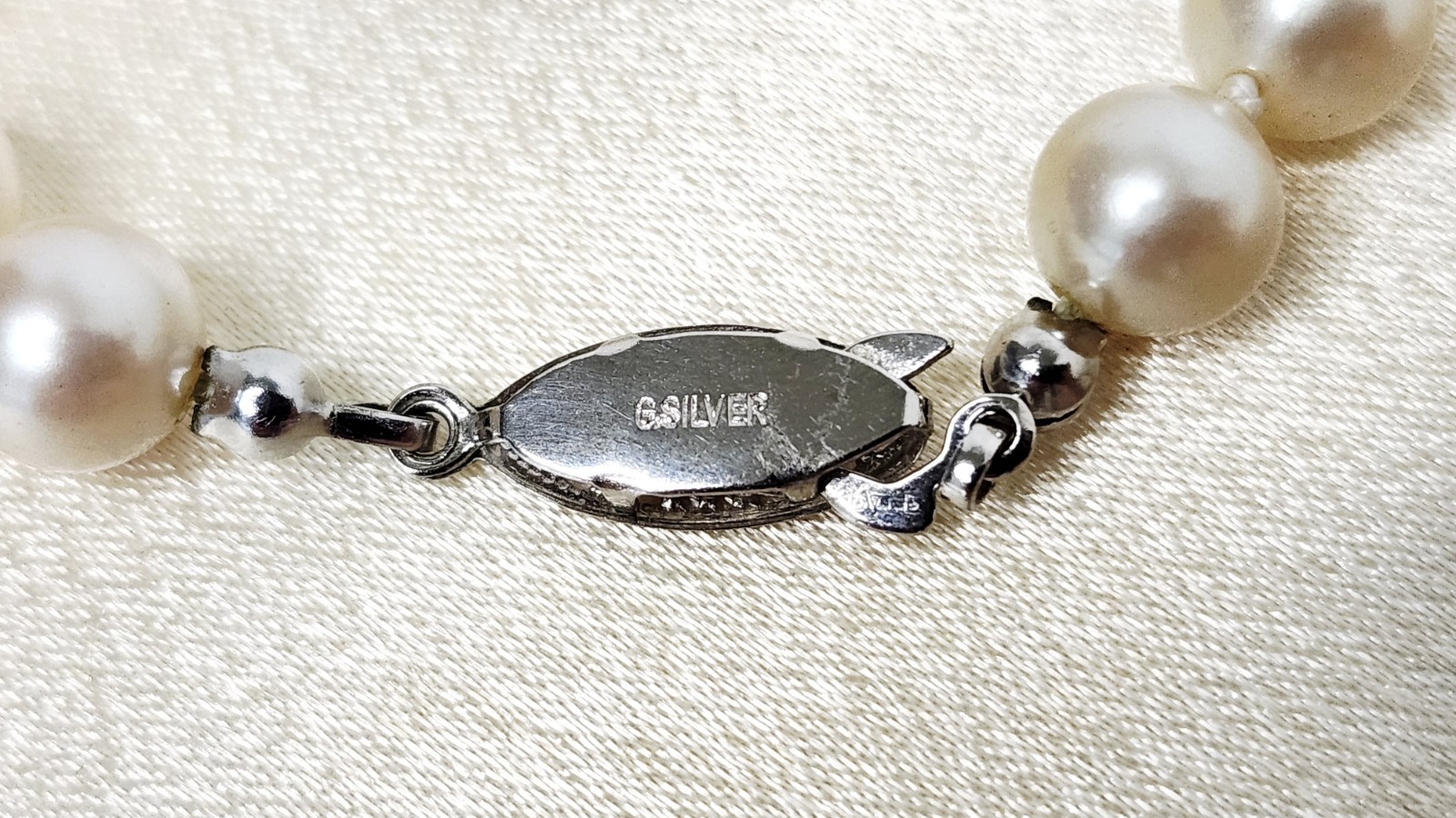 Vintage Glass Faux Pearl Necklace Signed G. Silver Clasp – 6mm Beads, 36″ L