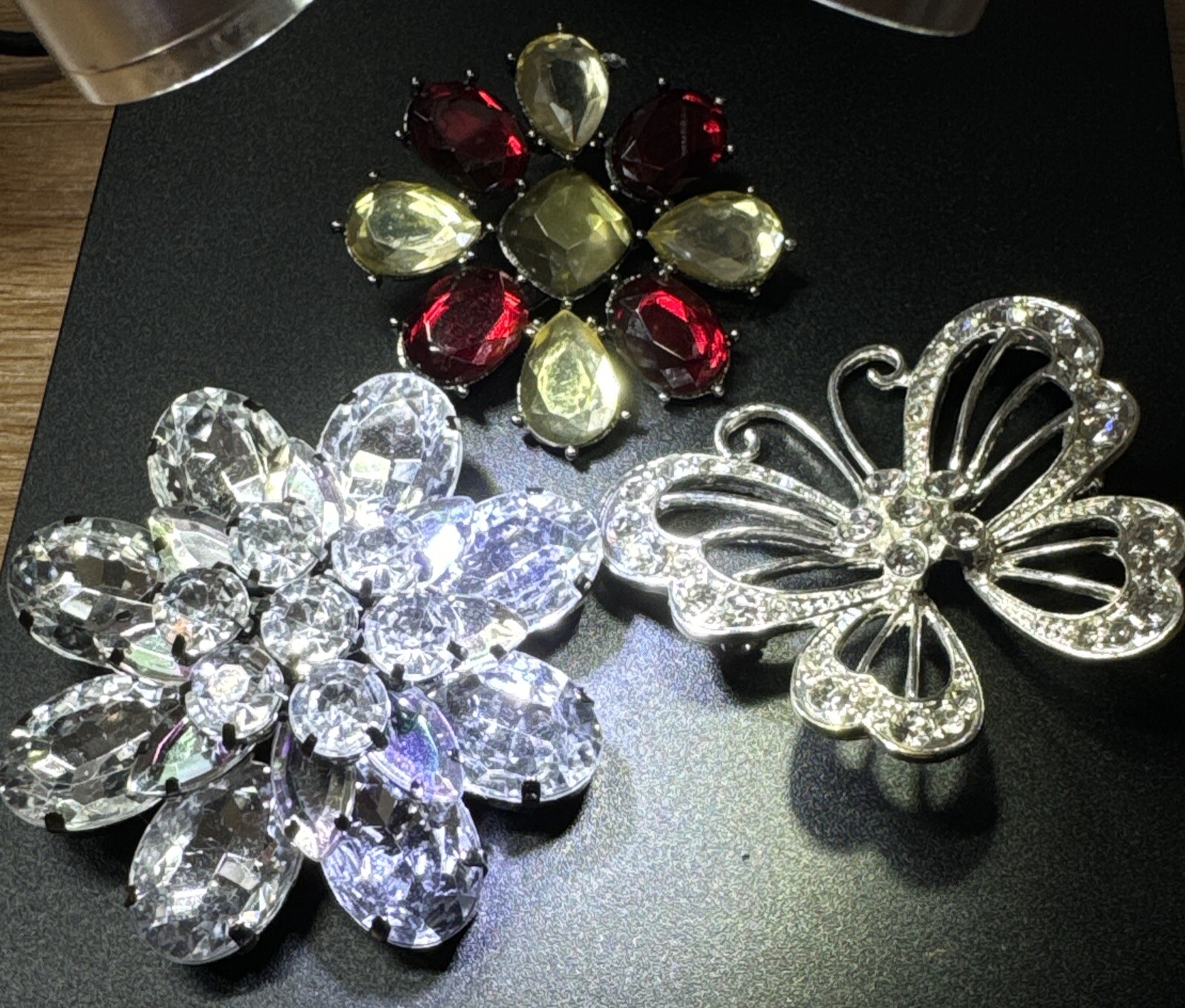 3 PIECE SPARKLING FLOWERS/Butterfly BROOCH LOT And Small Case See Pictures