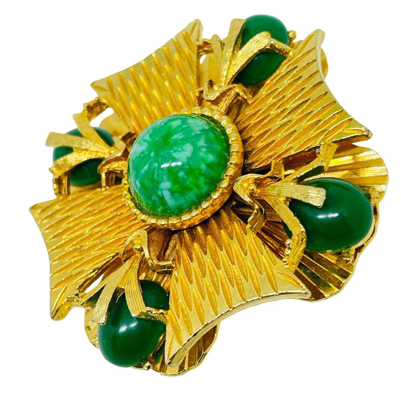 MANDI signed vintage gold tone green jade glass Maltese cross designer brooch