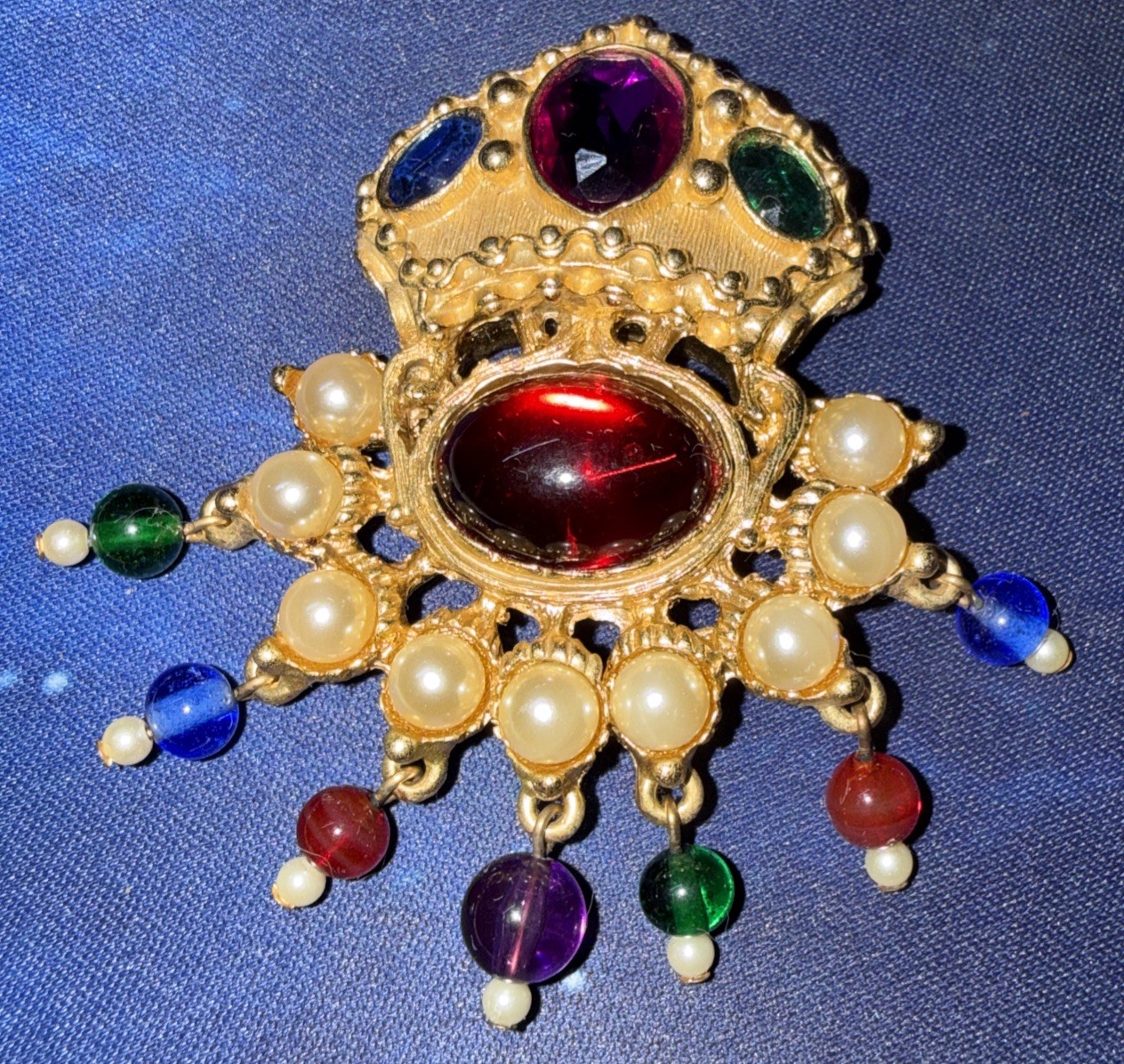 Kenneth Jay Lane Jewels Of India Multicolored Lucite Faux Pearl Brooch Signed