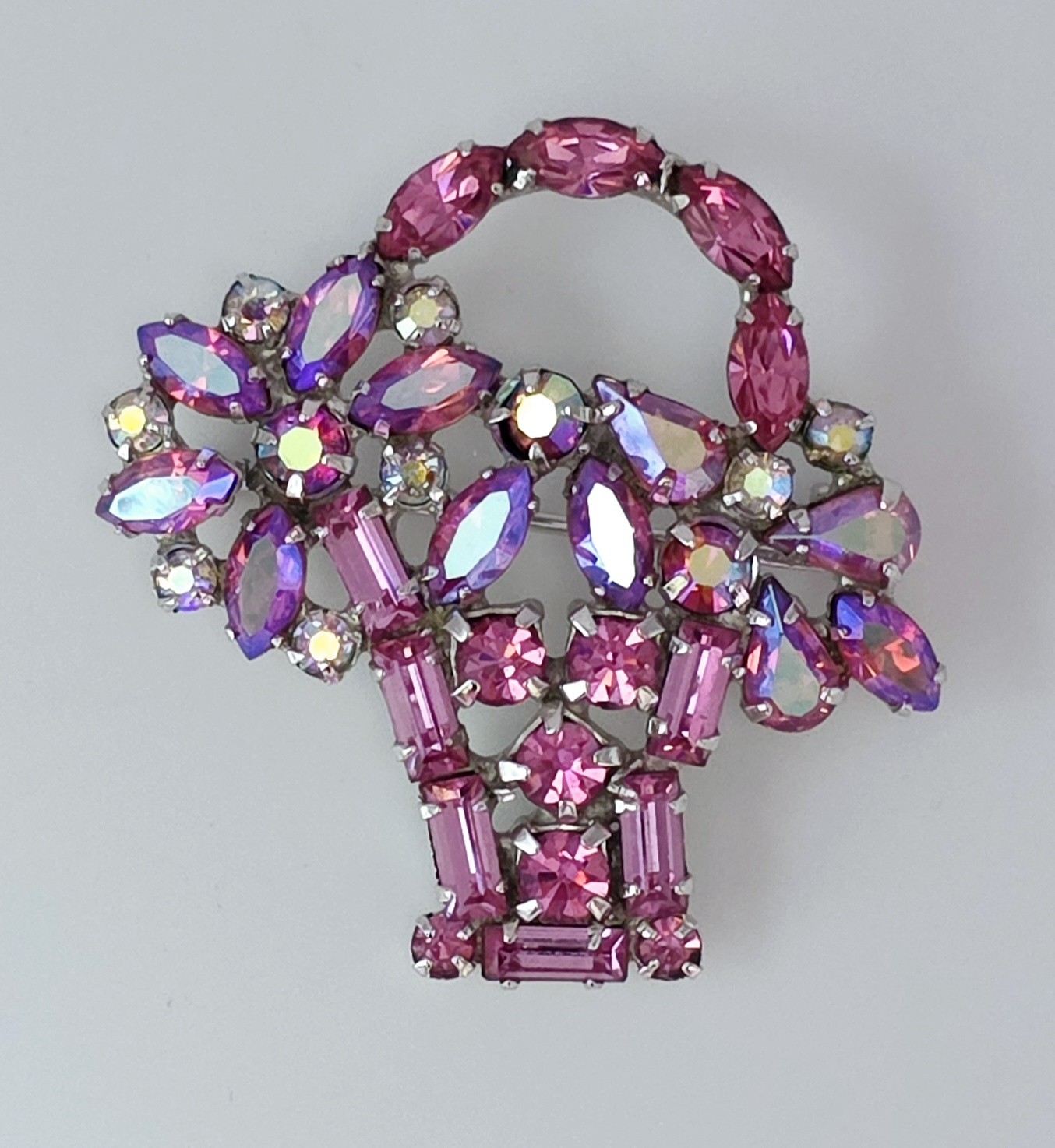 Vtg Signed Weiss Pink Rhinestone Flower Basket Brooch Pin AB Crystal 1950s Rare