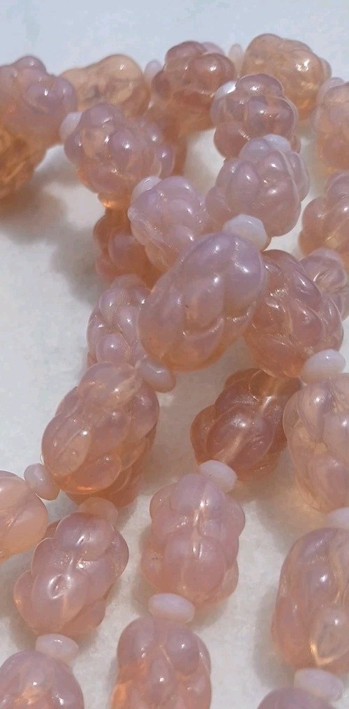ANTIQUE MOLDED BERRY OPAL MILKY PINK OPALINE GLASS BEAD FLAPPER NECKLACE SET 3ft